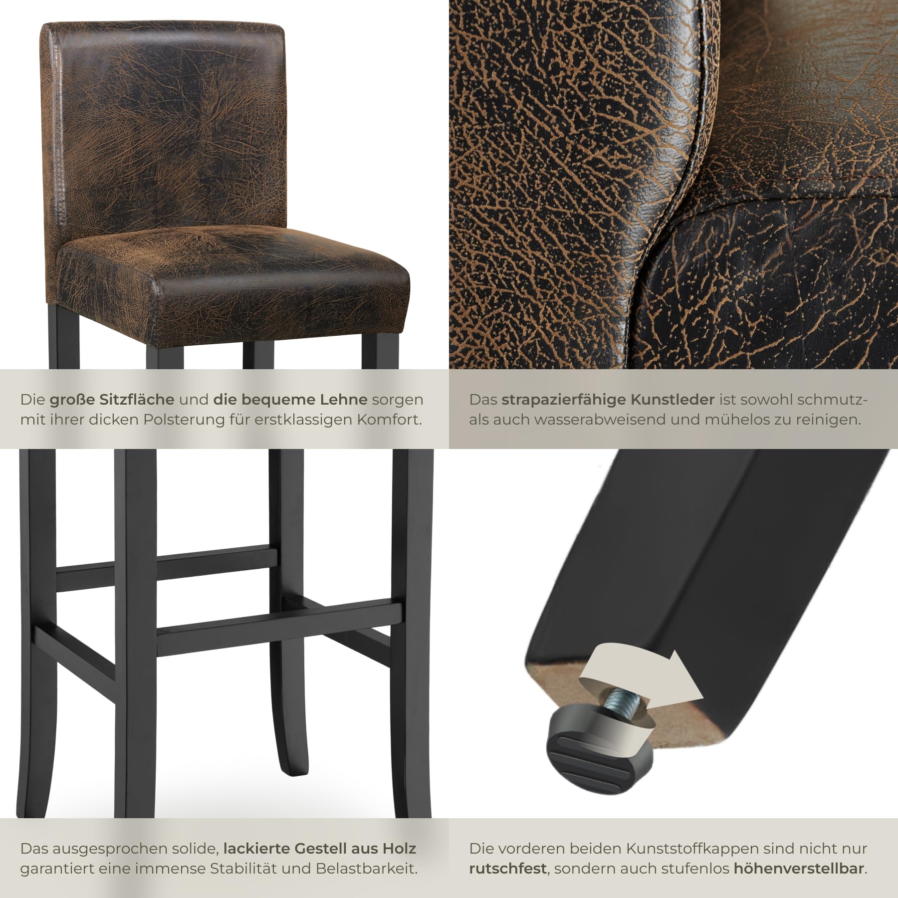 tectake® 2er Set Barhocker, Bistrohocker, Tresenhocker, Barhocker mit Lehne, gepolsterter Barstuhl, Bistrostuhl mit Fußstütze, Holz und Kunstleder, Stuhlbeine aus Massivholz, 107 cm hoch - antikbraun
