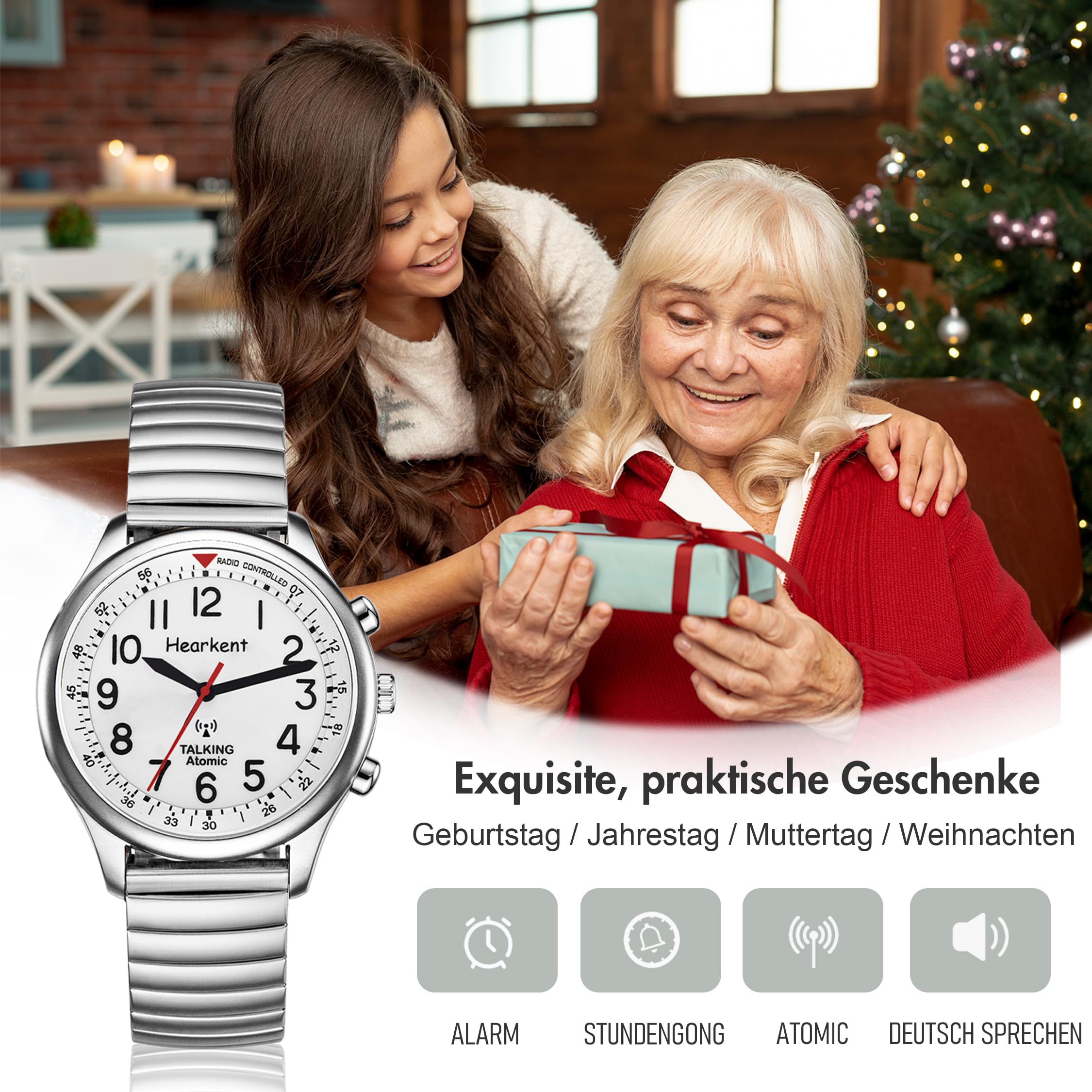Hearkent Orologio parlante da donna per anziani ciechi con disabilità visiva, voce forte e chiara, parla tedesco, argento, Bracciale