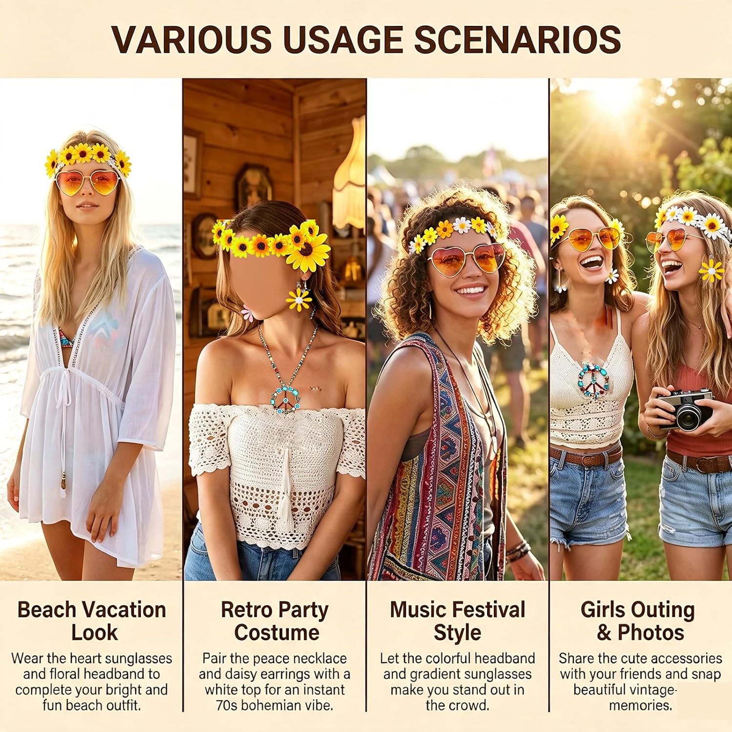 4 Pcs 60s 70s Hippie Costume Accessories Set image 5