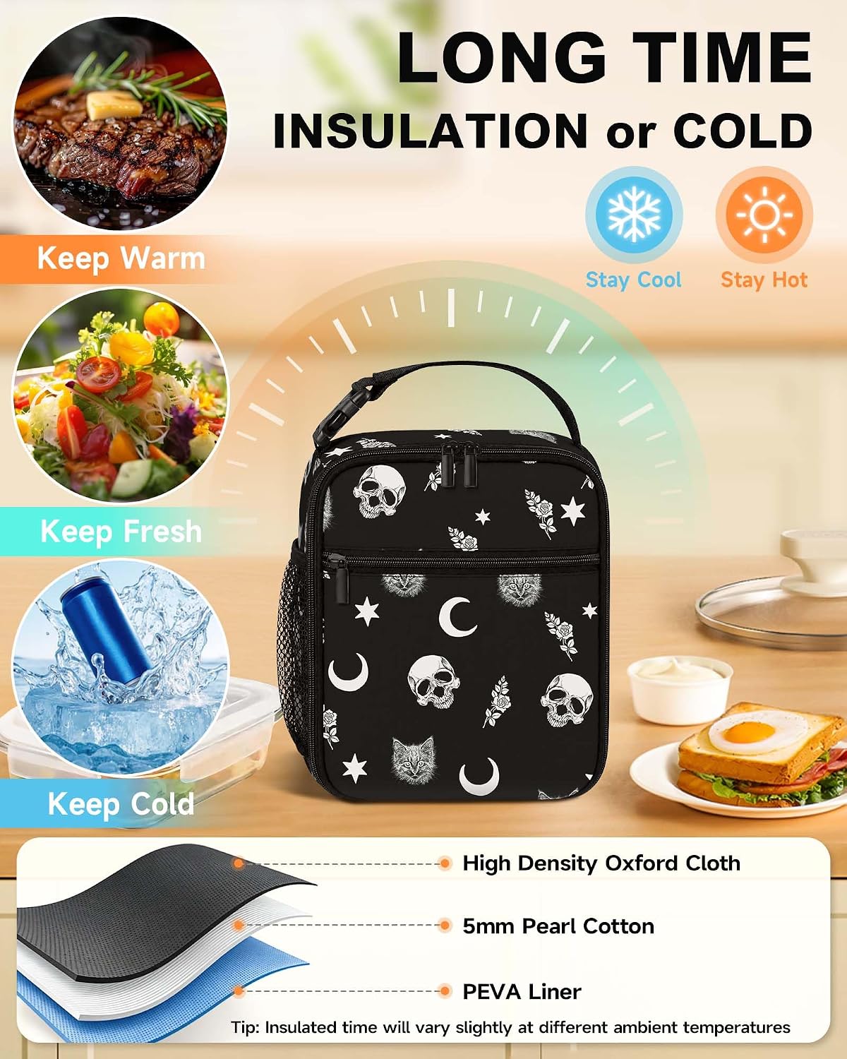 Lunch Box Girls Boys Women Insulated Lunch Bag, Gothic Skull Cat Moon