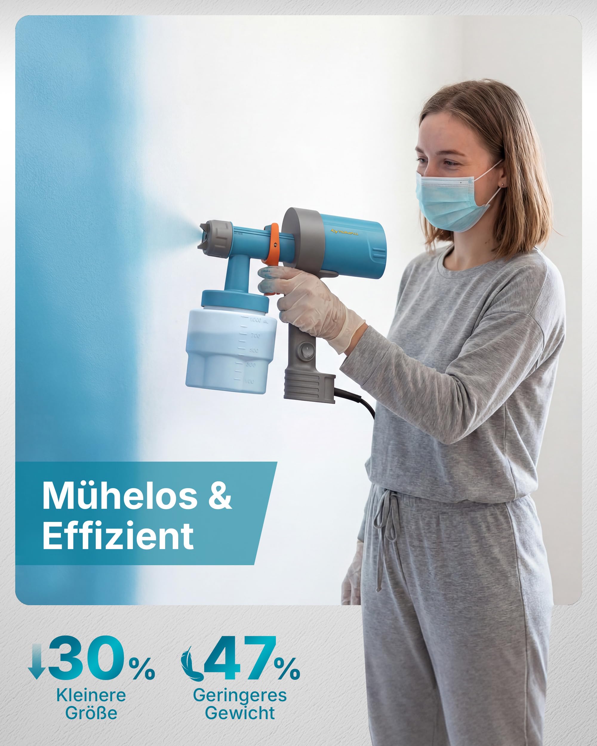 Tilswall Shark 600 Farbsprühsystem, Ultra-Leichte HVLP Farbspritzpistole, 3 Düsen & Muster, Leicht zu Reinigen, Einstellbarer Fluss, für Möbel, Zäune, Wände, Türen, Terrassen