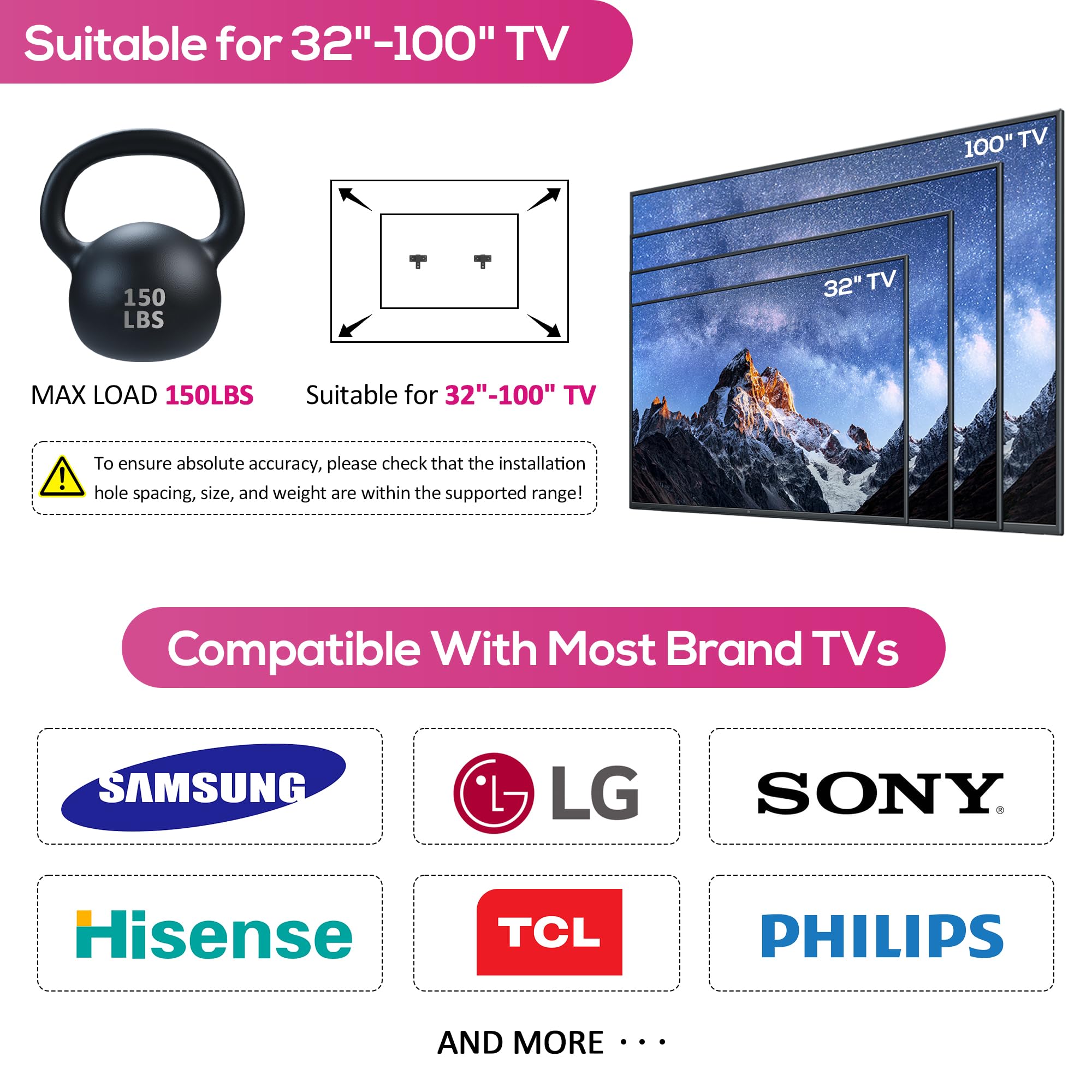 Support mural ultra fin pour TV sans goujon - Distance de 2 cm - Convient aux téléviseurs de 32 à 100" jusqu'à 68 kg - Convient à la plupart des téléviseurs à écran plat LCD LED et écrans (style 1)