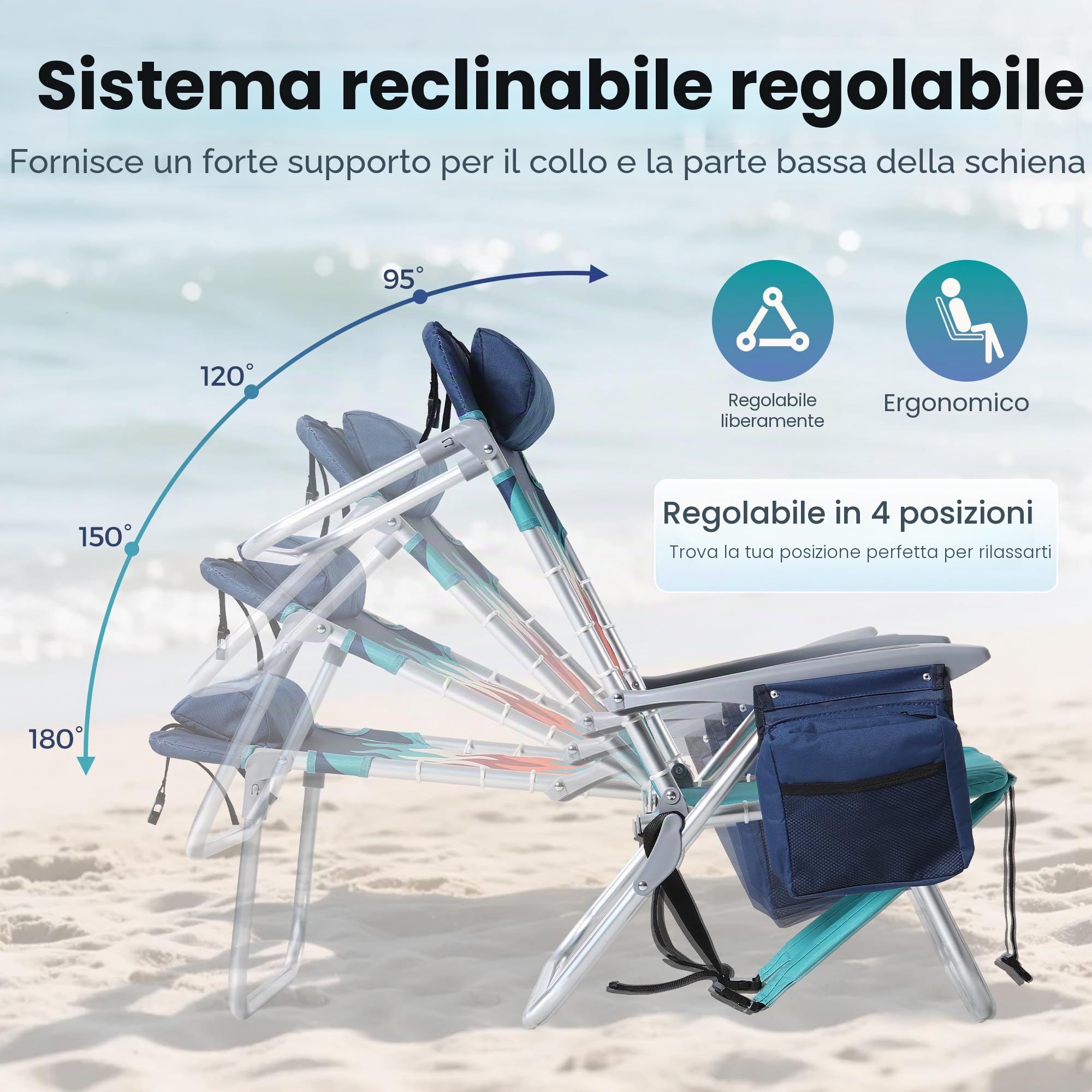 HIGH POINT SPORTS Set di 2 sedie da spiaggia pieghevoli con zaino, leggere, portatili, reclinabili, supportano 113 kg, sedie da campeggio con 4 posizioni per adulti, blu