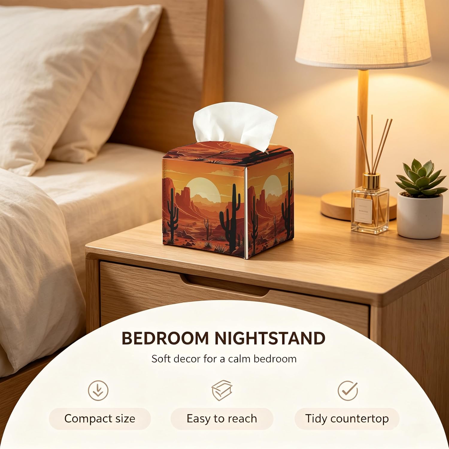 Desert Sunset Cactus Tissue Box Cover, PU Leather Holder
