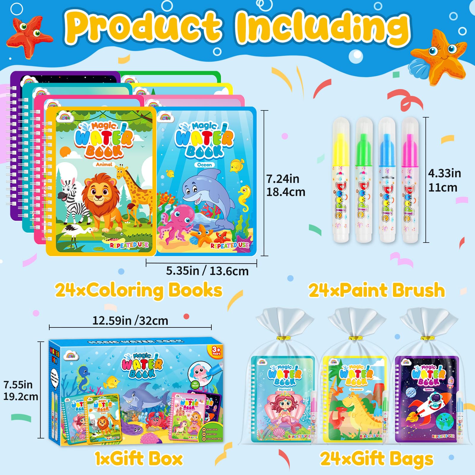 ZMLM 24 Libros de Colorear Magico Agua, Reutilizable Libro Colorear para 3-5 Años Detalles Cumpleaños Niños - Bolsitas cumpleaños infantiles - Regalos Cumpleaños Niños Colegio (Clásico)