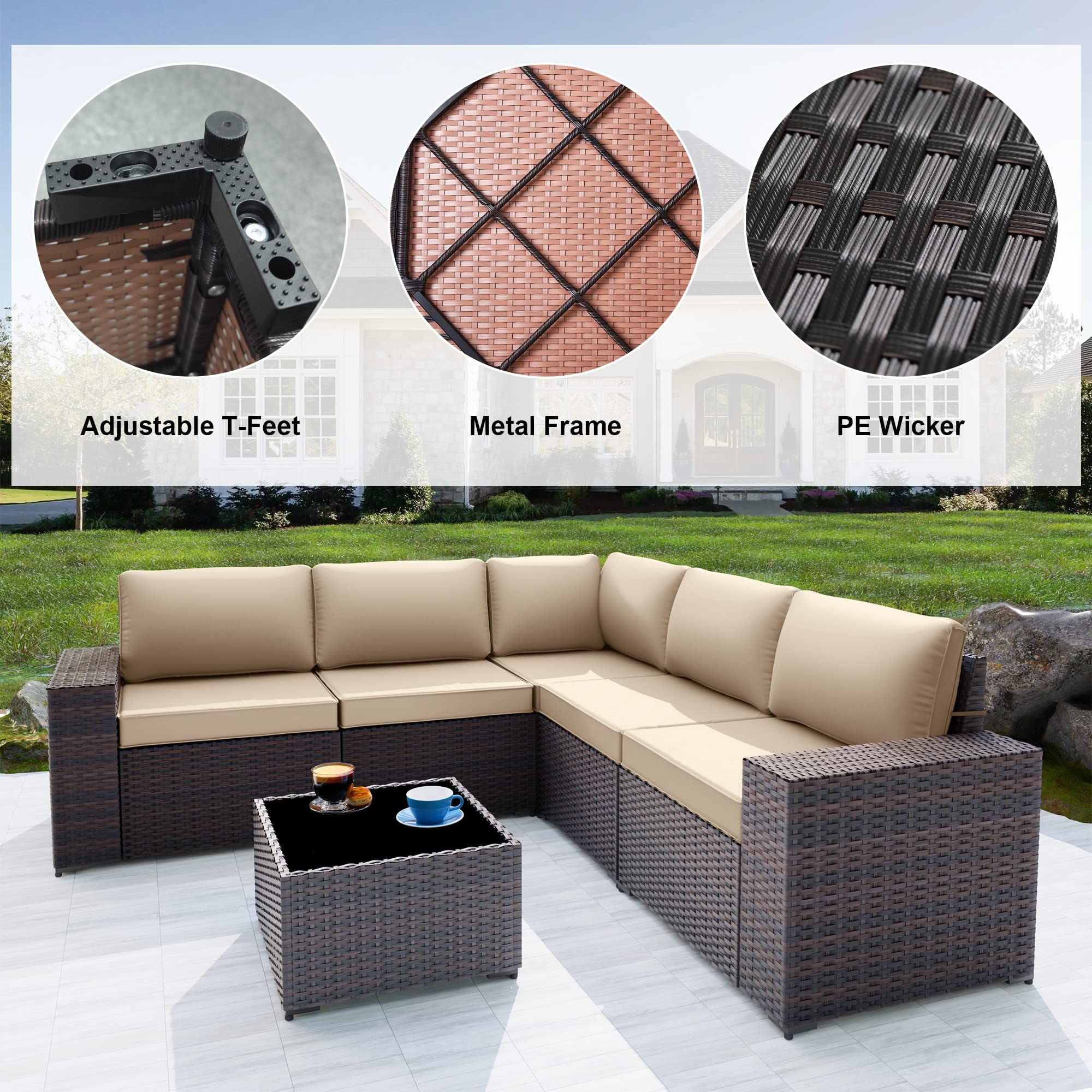 Piltwoff 6 Pieces Outdoor Patio Set,AllWeather Wicker Outdoor