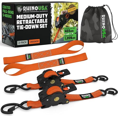 Rhino USA Retractable Ratchet Straps (2-Pack) - 1 Inch x 10 Feet (1,209lb Break Strength) - Auto Self Retracting Tie Down Straps for Truck, Cargo Trailer, Motorcycle, ATV, UTV - Orange