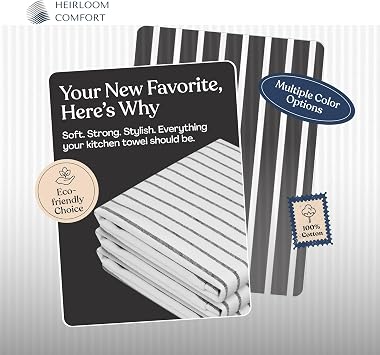 Black Stripe Kitchen Towels (5 Pack), 100% Cotton, Classic Striped Towel Set, Super Absorbent & Durable Dish Cloths, Quick Drying Fabric for Drying Dishes, Everyday Kitchen Cleaning