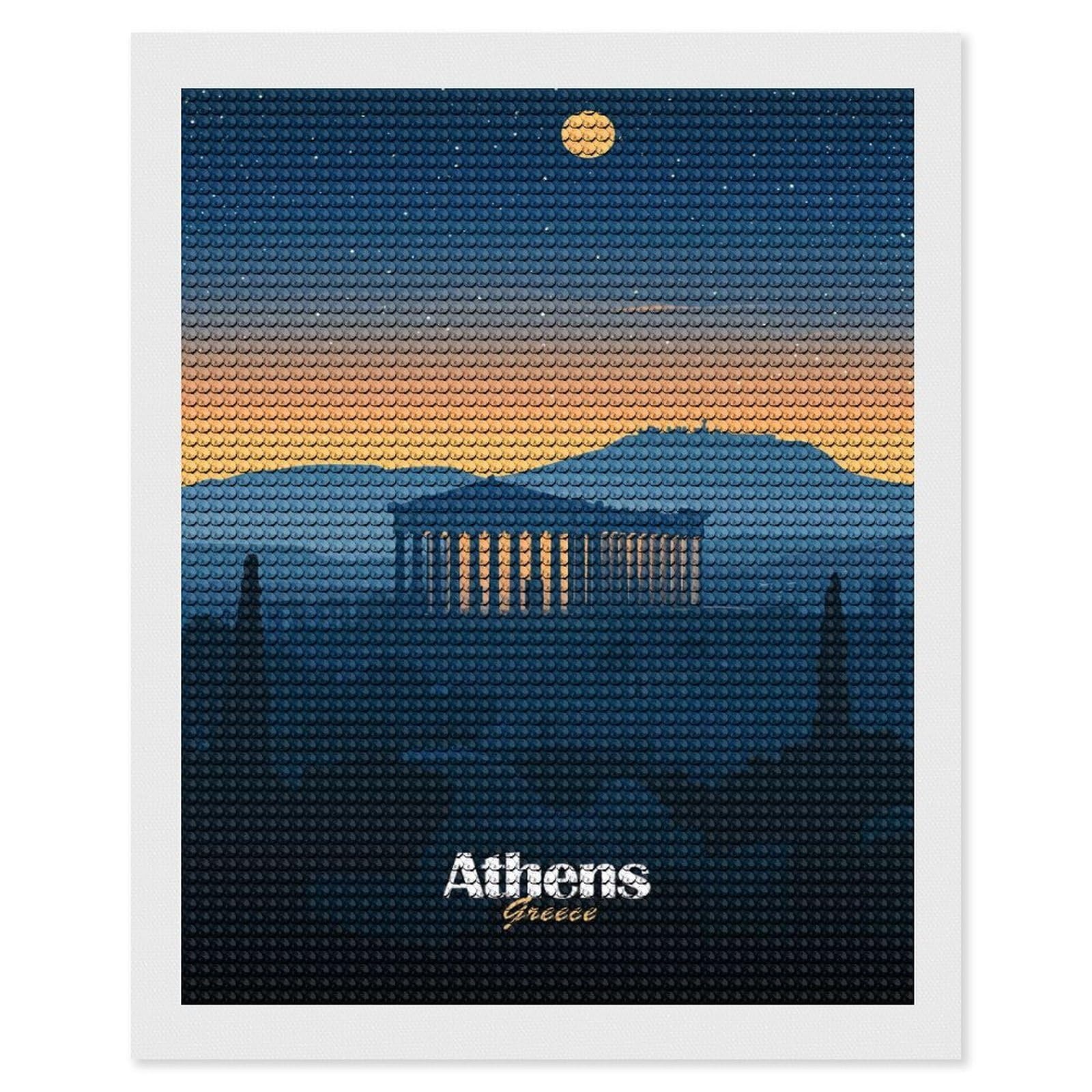 Junmoney Athens Skyline at Night DIY Diamond Art Canvas Kit 16"x20", Farmhouse Decor, Vintage Style Decor, Handmade Wall Decor, Canvas Picture