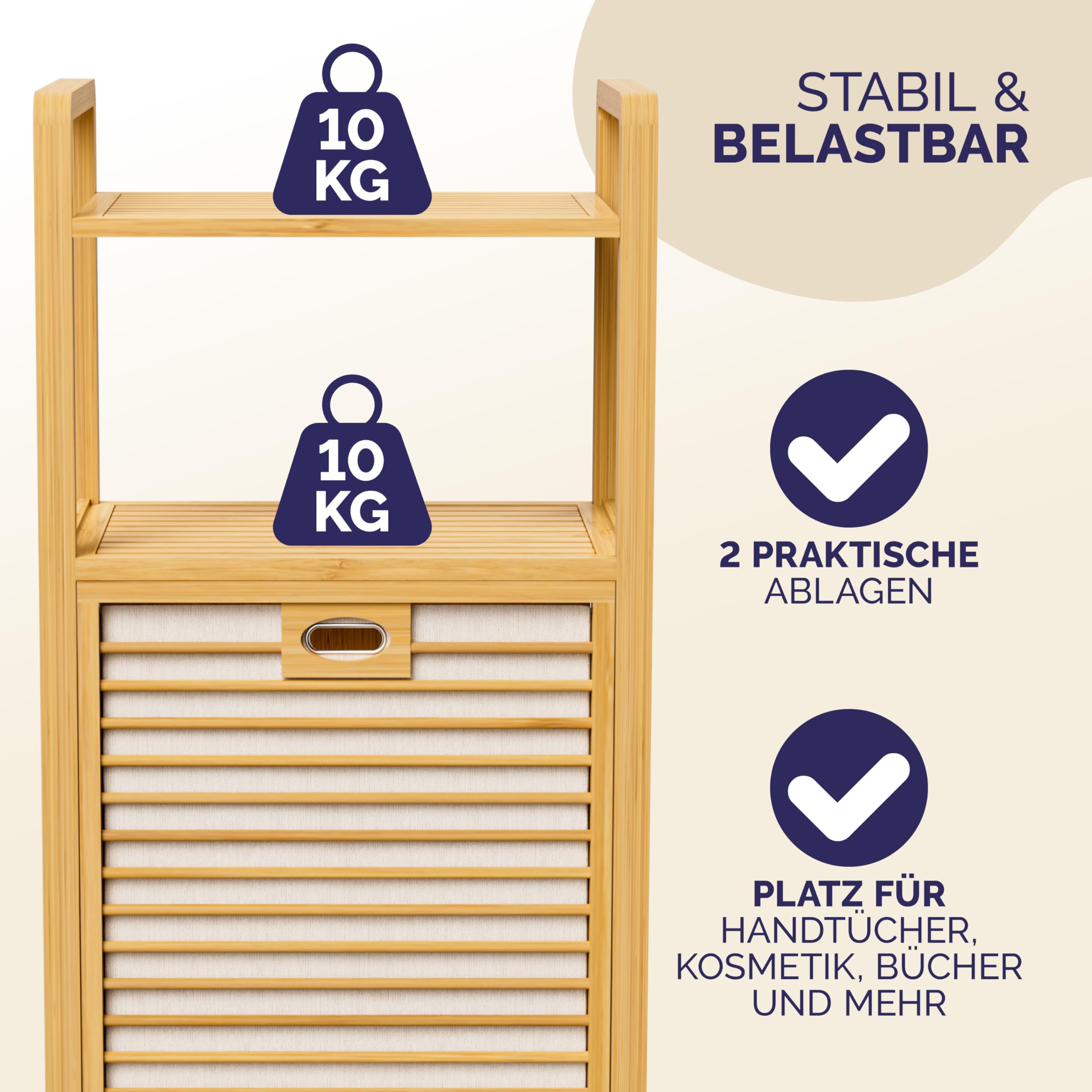 Casaria® Badregal mit Wäschekorb 40 L Wäschesammler Bambus Holz Wäschesack Herausnehmbar 96x40x30cm Groß Badezimmerregal 2 Ablagen Wäschebox Regal