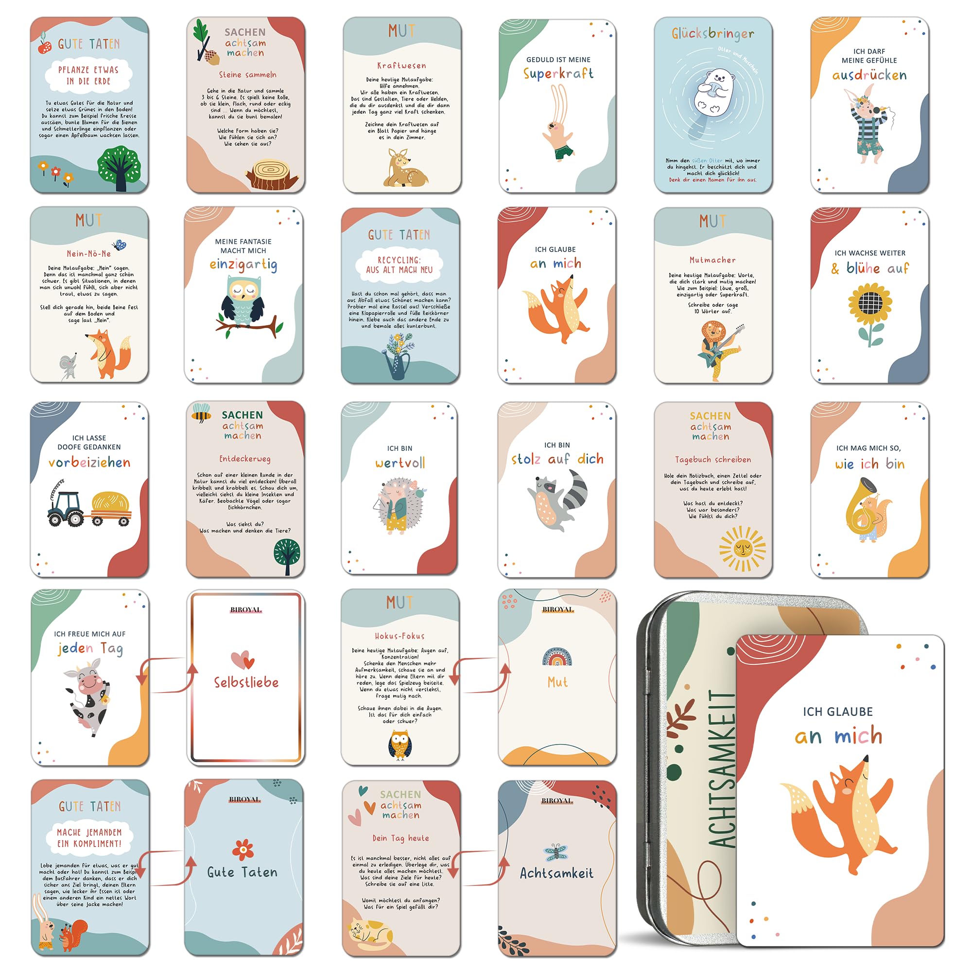 BIROYAL 40 Affirmation Cards for Children, Mindfulness Cards Children Including Metal Box, Motivation Cards for Feelings, Self-Love, Courage and Gratitude, Gifts for School Enrolment for Boys and