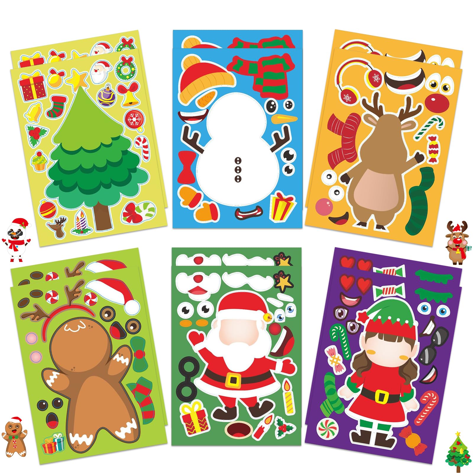 Azxndy 12 Sheets Christmas Characters Tree Make Your Own Personalized DIY Cartoon Stickers for Kids,Match Make A Face Stickers Art Crafts Suitable for Christmas Party Supplies Gifts