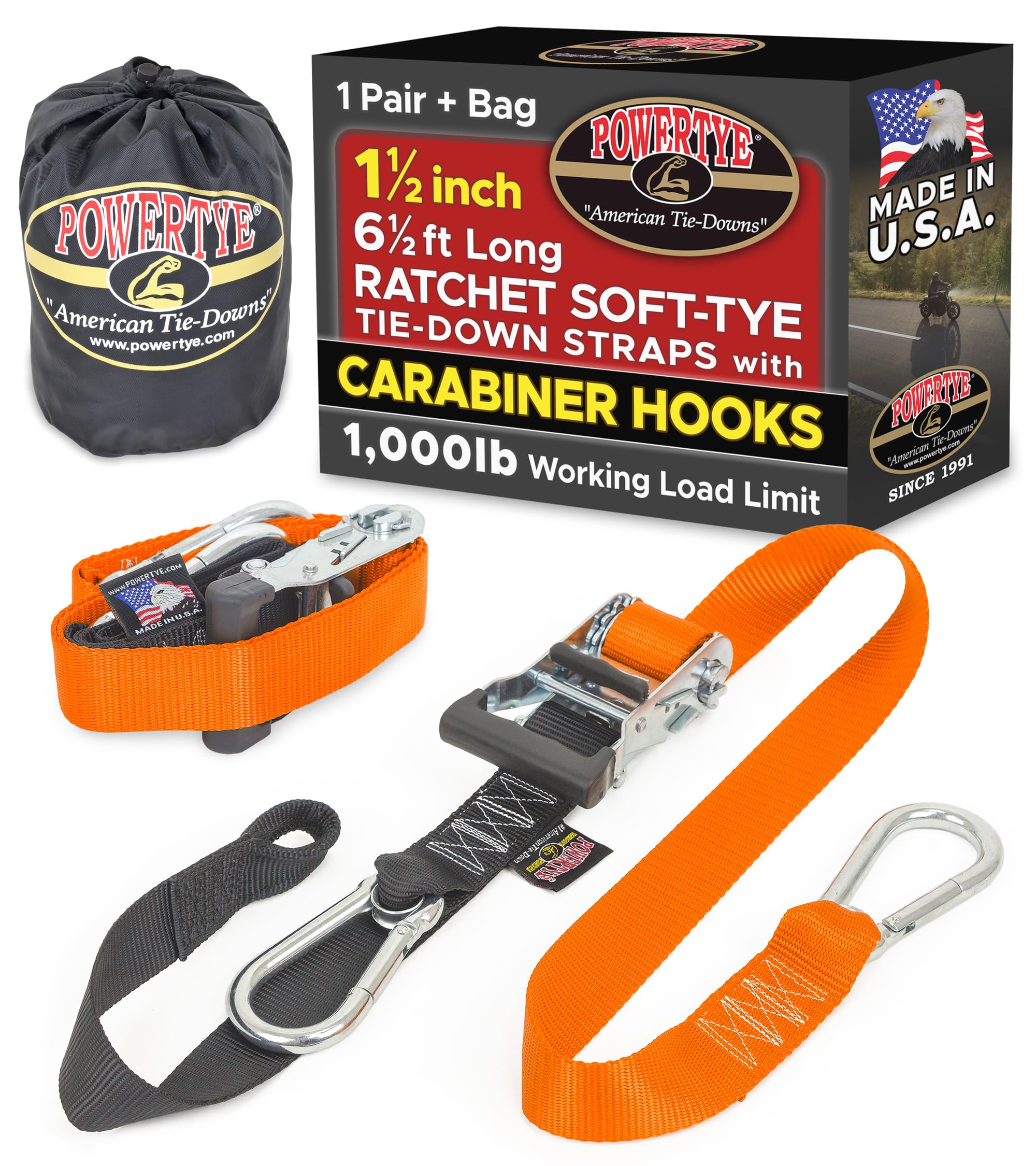 PowerTye 1.5 inch x 6.5ft Ratchet Straps w/Carabiners, Orange/Blk Pair+Bag