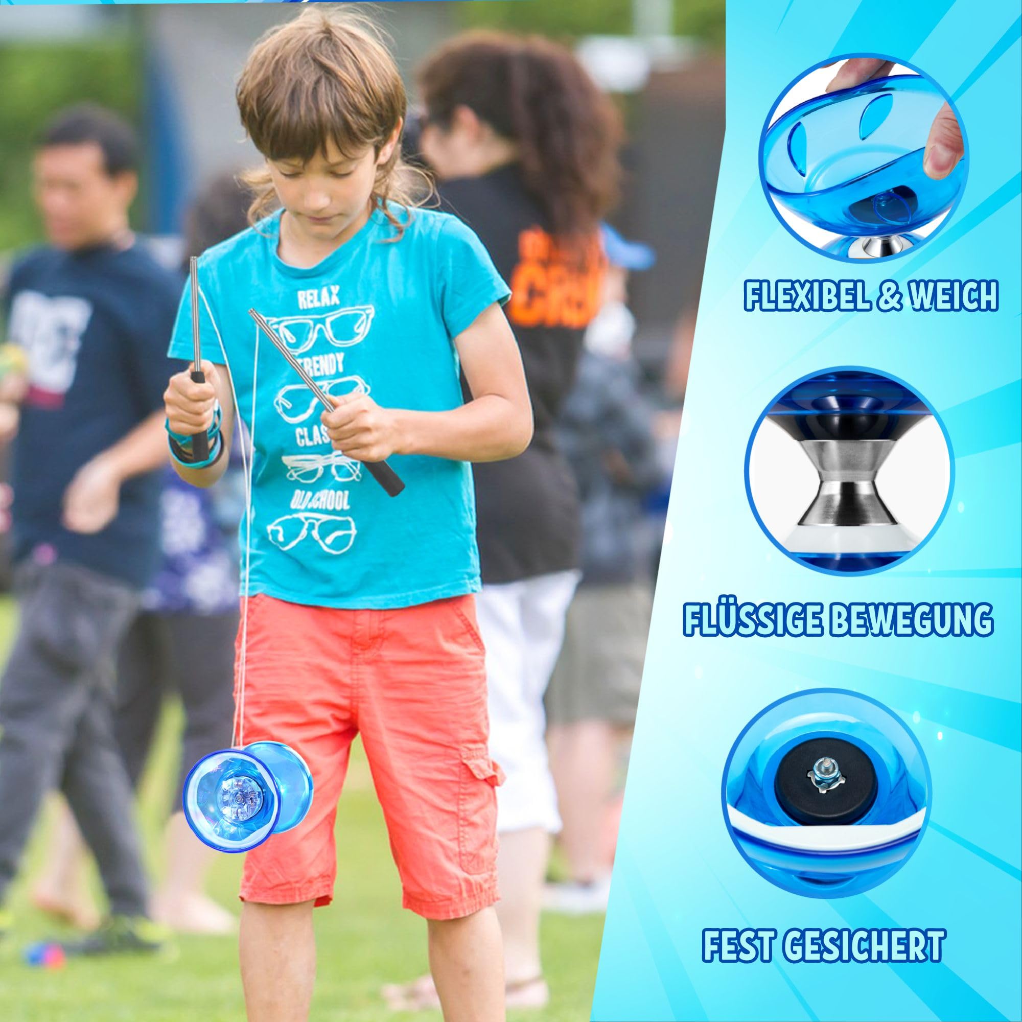 LED Diabolo mit Kugellager - 4,5mm Jonglier Set Leuchtend im Dunkeln | Licht Diabolo für Kinder & Erwachsene, Anfänger & Profis | Freilauf Zirkus Spielzeug für Indoor & Outdoor