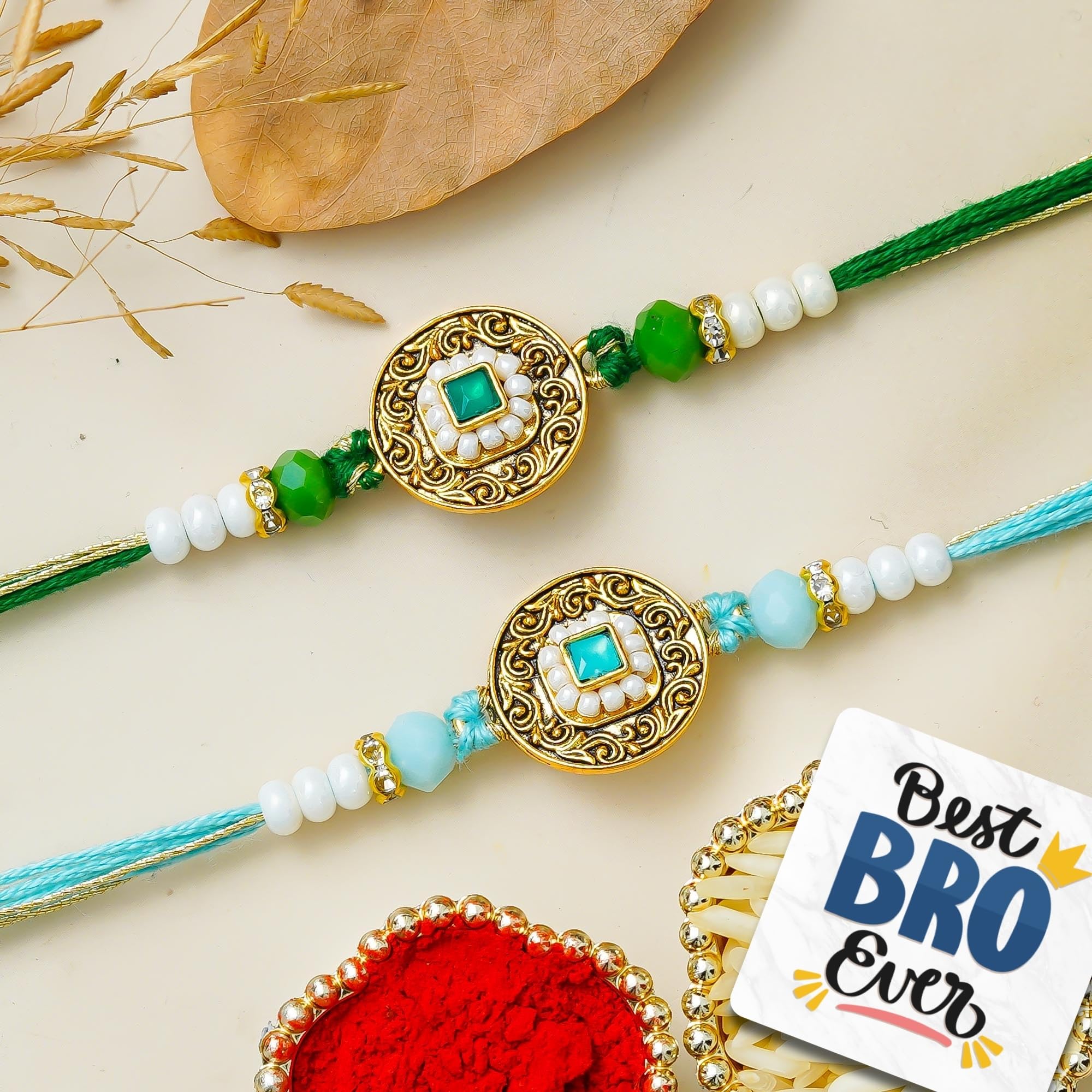 eCraftIndia Set of 2 Kundan Pearls Beads Designer Rakhis | Best Bro Ever Fridge Magnet | Roli Chawal Pack | Rakhi for Brother Bhaiya Bhai Bhabhi Kids-image-20