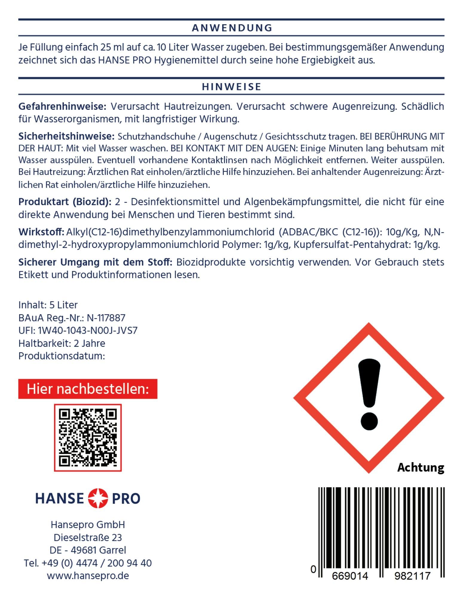 HANSE PRO Hygienemittel, 1 x 5 Liter I Konservierungs-Mittel für Luftbefeuchter, Luftreiniger, Luftwäscher, Heizkörper-Verdunster, Zimmerbrunnen I hält Verdunstwasser hygienisch einwandfrei