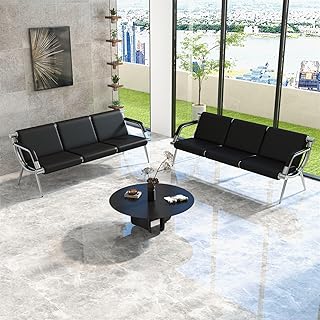 Waiting Room Chairs Set of 2 - PU Leather Airport Reception Bench with Padded Arms, 6 Seat Office Guest Chairs for Salon Bank Salon Clinic, Black