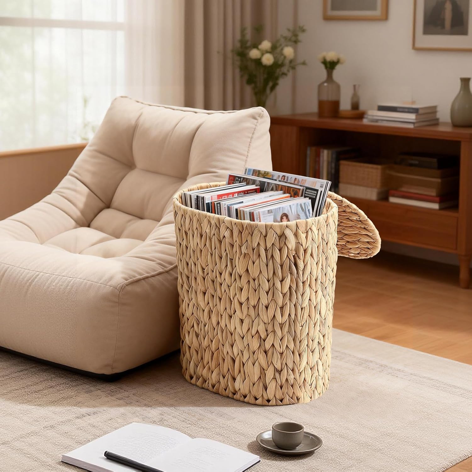 BSSN Boho Wicker Trash Can with Lid and Tissue Box Holder, Water Hyacinth Bathroom Small Waste Basket, Rattan Garbage Wastebasket with Lid for Bedroom,Toilet