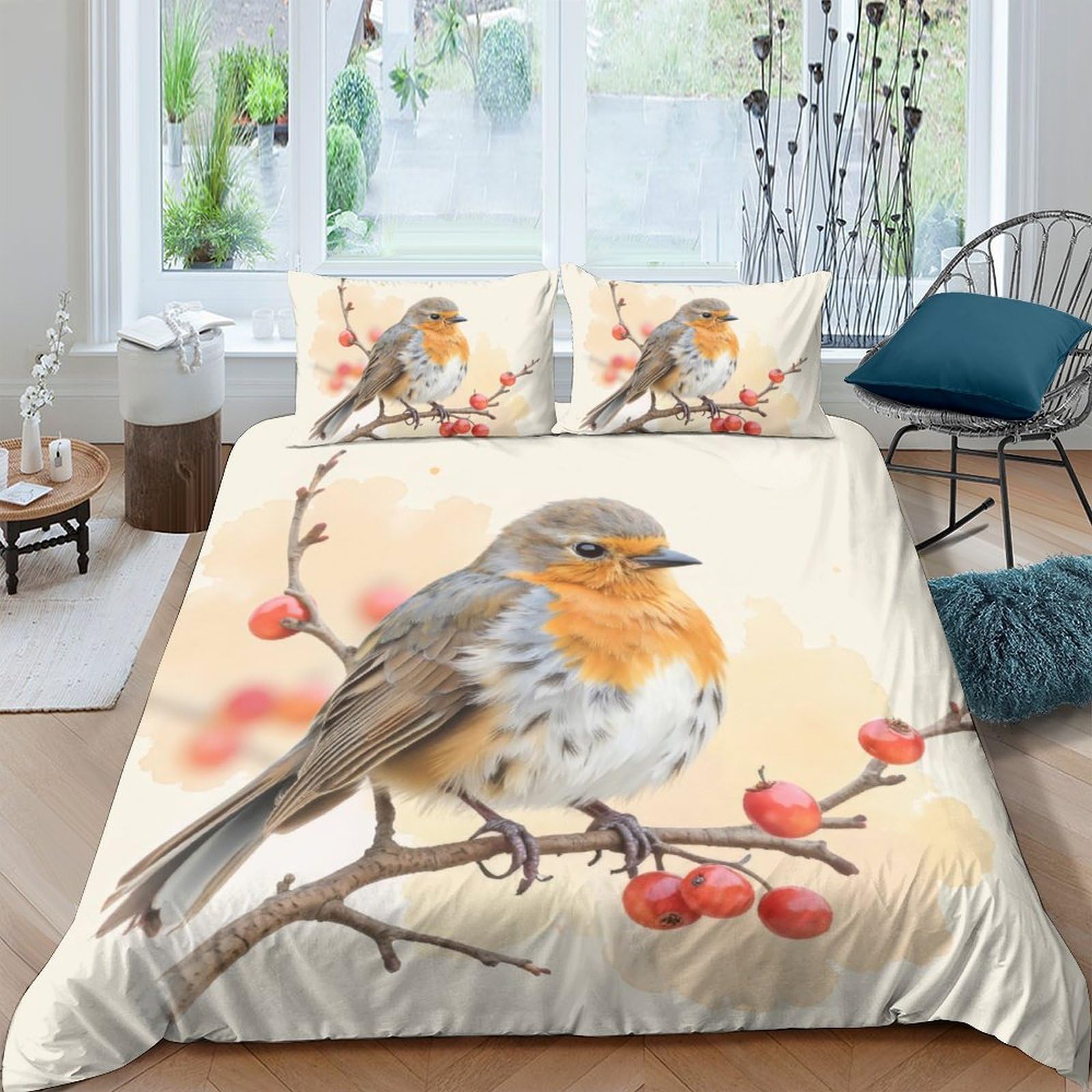 Ctjqhvkz Style-8 3D Printed Robin Bird Fitted Sheet Microfiber Soft Orange Branch Bed Cover For Bedroom Guest Room Easy Care Decor Single（135X200cm）
