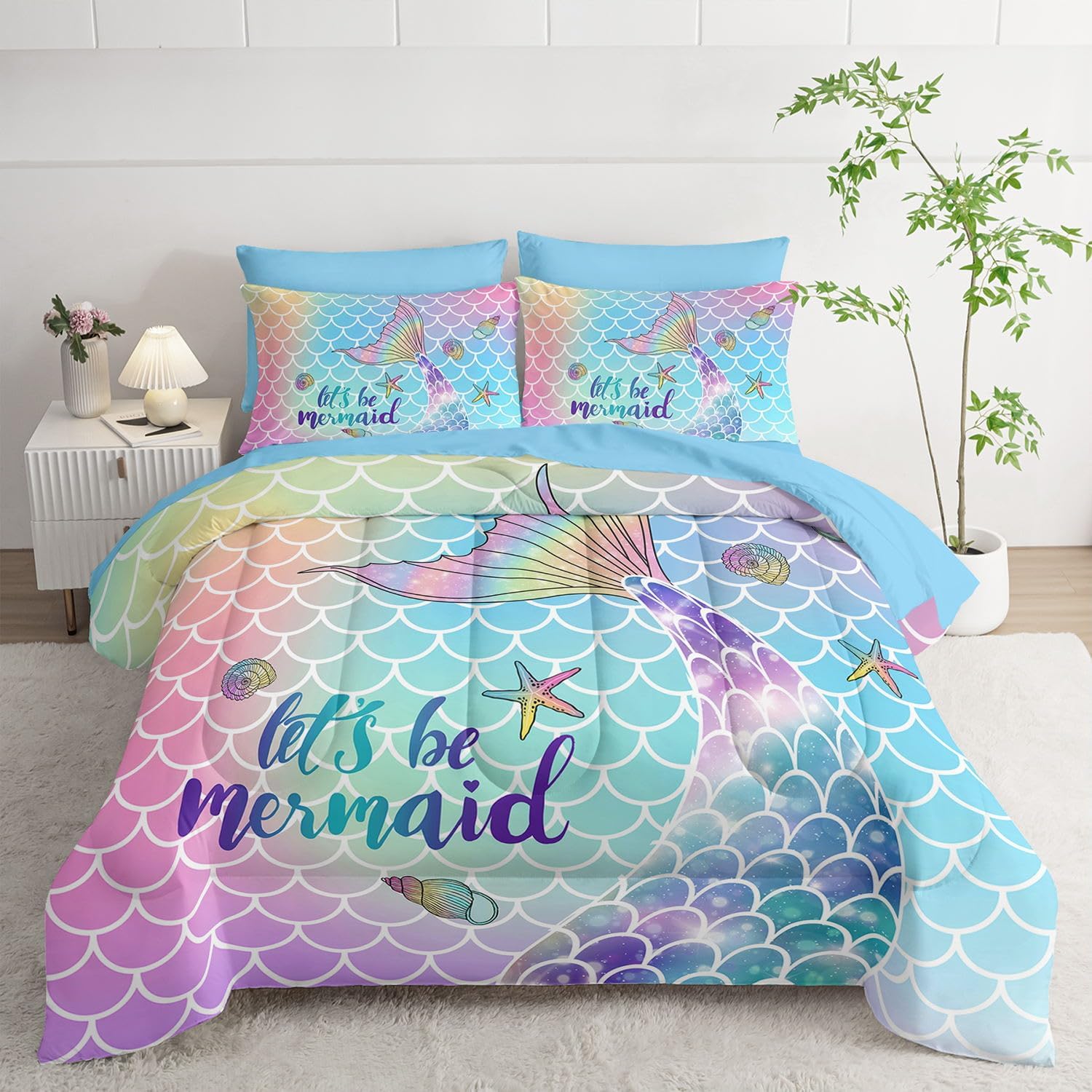 7Pcs Mermaid Tail Comforter Set Rainbow Scales Printed Bedding Set with 1 Comforter, 1 Flat Sheet, 1 Fitted Sheet and 4 Pillowcases for Girls Bedroom All Season(Twin)