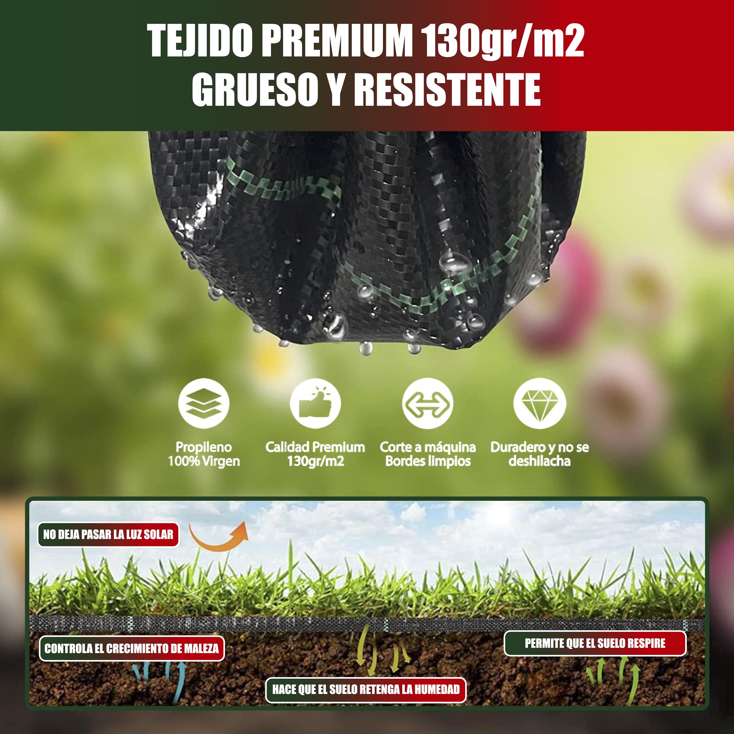 Malla Antihierbas Premium 1x50m, 130g/m² - Ultra Resistente. Varios Tamaños. Alta Estabilización UV, Permeable y Transpirable - contra Las Malas Hierbas. Geotextil para Jardín y Terraza.