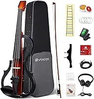 Vangoa Violino elétrico tamanho 4/4 completo com 4 espátulas finas, violino elétrico silencioso de ébano de madeira maciça para iniciantes e adultos, kit de desempenho profissional, conjunto de