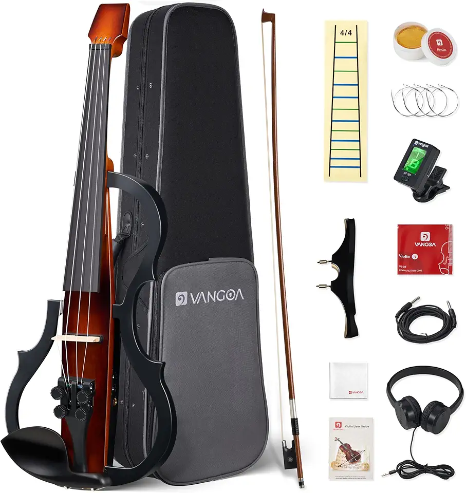 Vangoa Violino elétrico tamanho 4/4 completo com 4 espátulas finas, violino elétrico silencioso de ébano de madeira maciça para iniciantes e adultos, kit de desempenho profissional, conjunto de