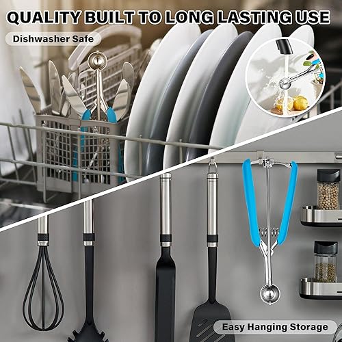 Vista 23 de Cuchara para galletas de 3.5 cucharadas, cuchara de helado con gatillo de pulgar, masa de galletas, cuchara de melón de 2.165 in, agarre cómodo