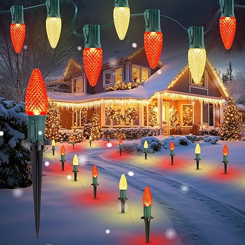 Miniatura 7 de Luces de Navidad C9 para exteriores, 4 paquetes en total de luces de camino de Navidad de 103 pies con 80 bombillas LED y estacas, decoraciones de