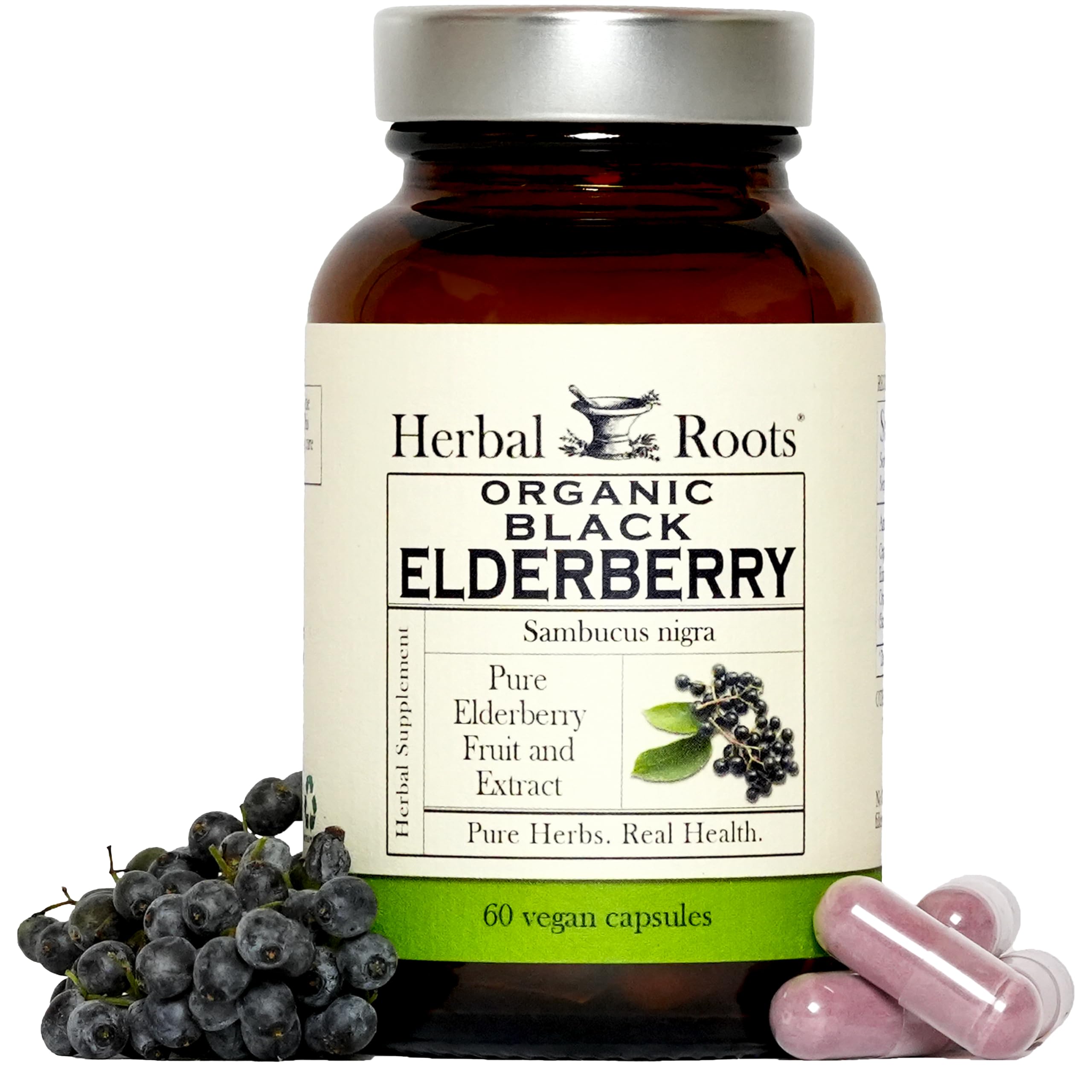 Herbal Roots Organic Black Elderberry Capsules - Max Strength - USDA Certified Organic - Immune Support - 60 Vegan Capsules