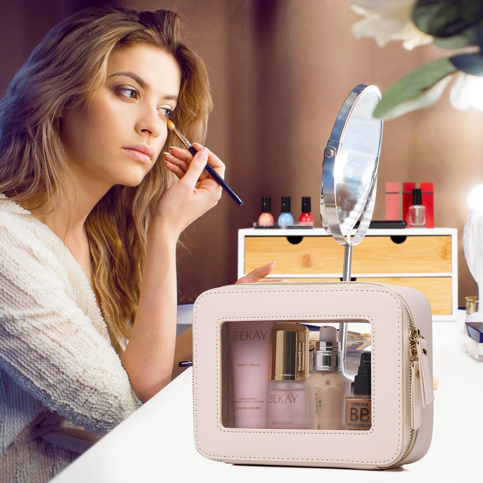 Pinkmik Borsa cosmetica trasparente con borsa cosmetica portatile da viaggio per le donne, B1/Beige, M+SLIM, Set trucco da viaggio
