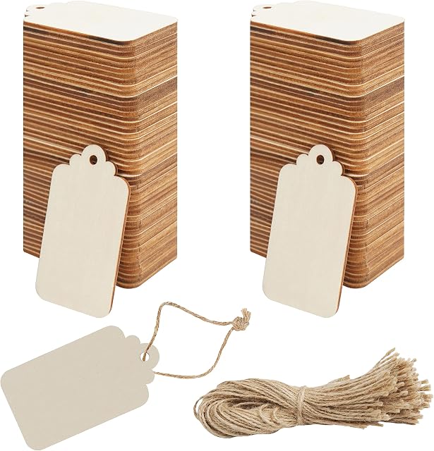 BELLE VOUS 100 Pack Unfinished Wood Blank DIY Craft Tags - 3.7 x 6.8cm/1.46 x 2.68 inches - Rectangle Natural & Rustic Wooden Tags with Twine for Wedding Gift & Christmas Hanging Decorations