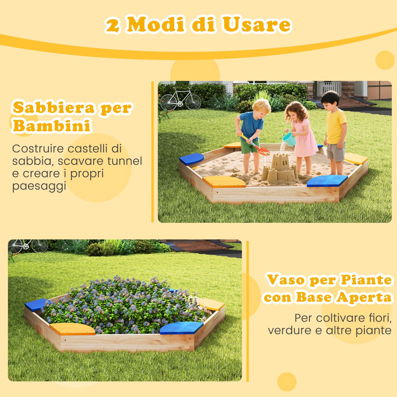 COSTWAY Sabbiera in Legno per Bambini, Combo Piscina di Sabbia e Fioriera Aperta con 6 Sedili per Giardino, 140 x 122 x 14 cm, per Bambini 3 Anni+