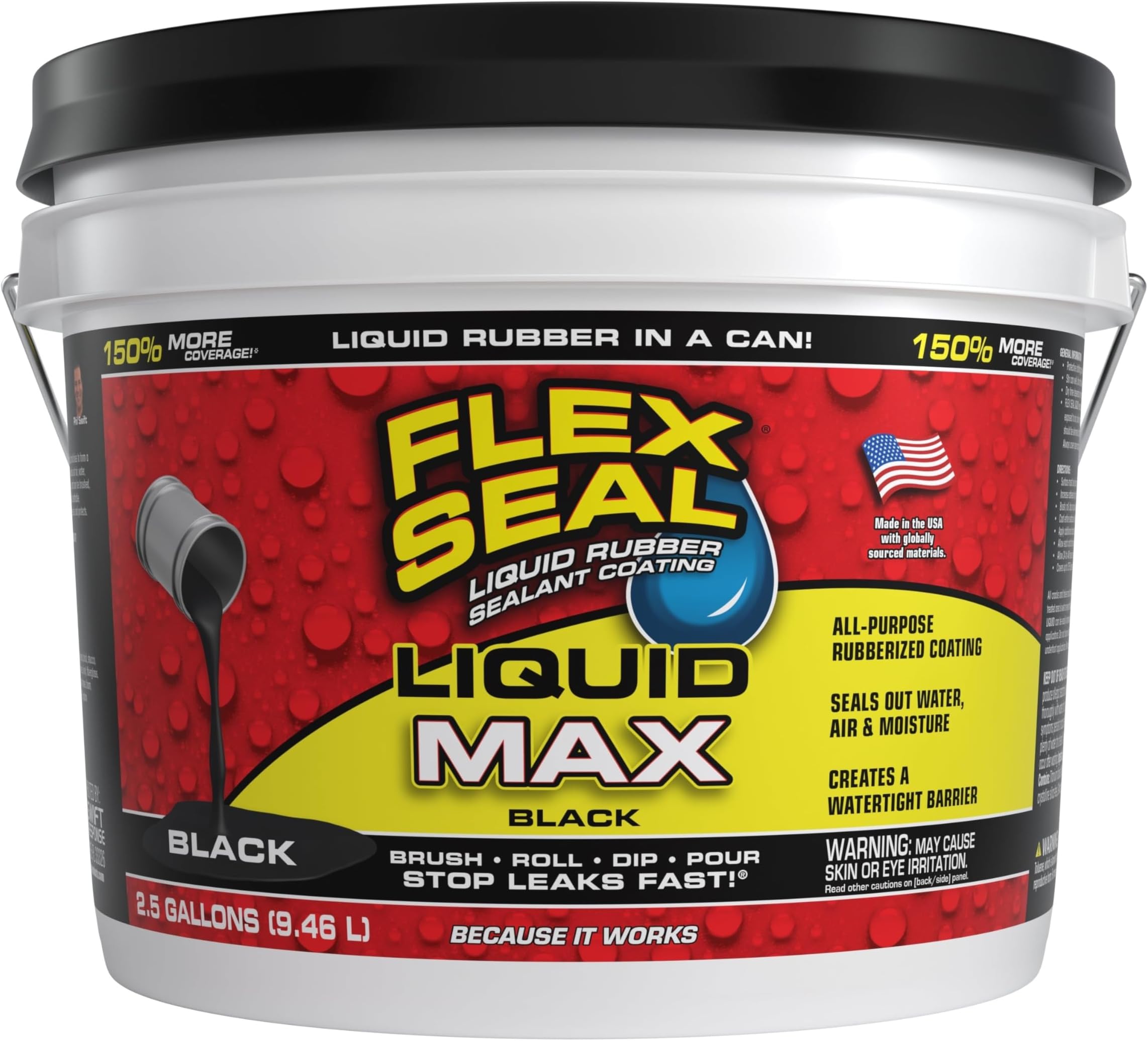 Flex Seal Liquid MAX, 2.5 Gallon, Black, Liquid Rubber Coating Sealant, Waterproof, Flexible, Breathable, and UV Resistant, Roof Repair, Basements, RV, Campers, Trailers, Marine, EPDM, Masonry