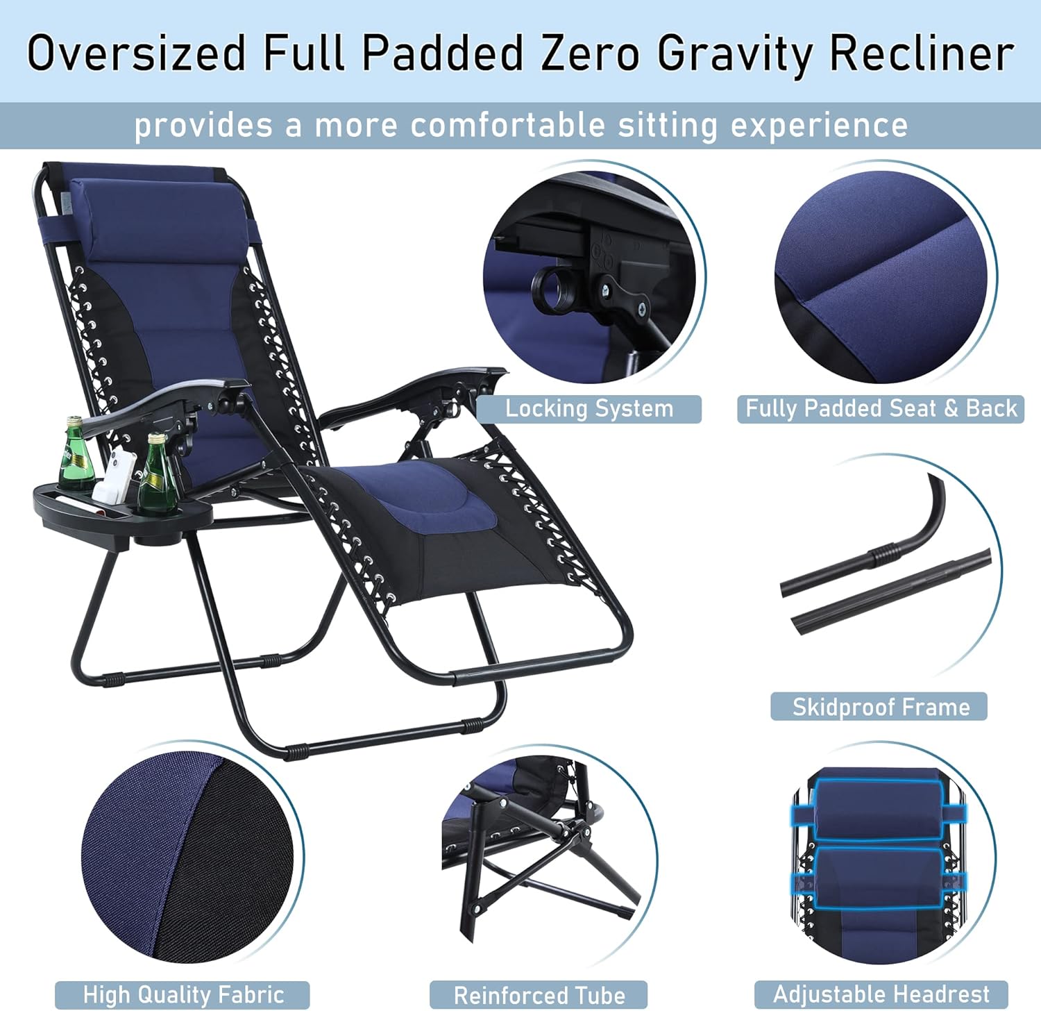 PHI VILLA Oversized Padded Zero Gravity Chair, Foldable Patio Lounge Chair, 26" Wide Seat Reclining Lawn Chairs with Cup Holder, Set of 2, Support 350 LBS (Navy)