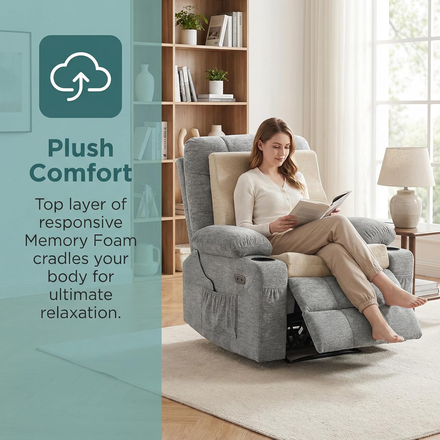 baibu Memory Foam Recliner Cushions with Lumbar Support Pillow Set for Elderly, 20x20x5 Inch Dual-Layer Design Non-Slip Recliner Seat Cushion & Back Support Pillow for Reduce Hip & Lumbar Pain, Beige