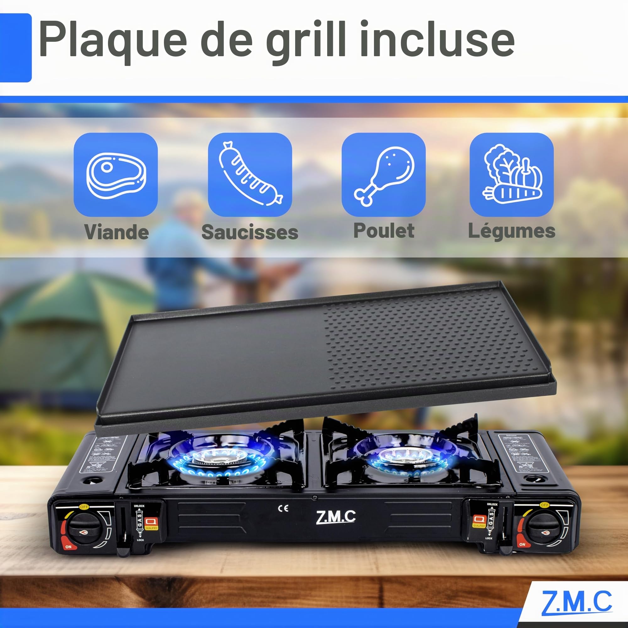 Z.M.C ZMC Réchaud à gaz de camping 2 feux 45x24 cm avec allumage piézoélectrique + adaptateur GPL + 8 cartouches 227 g