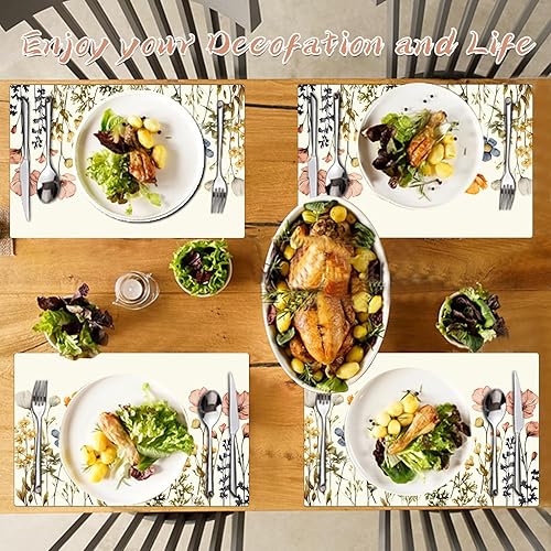 Miniatura 6 de Juego de 4 manteles individuales con diseño floral de primavera, de piel sintética, resistentes al calor, para mesa de comedor, antideslizantes,