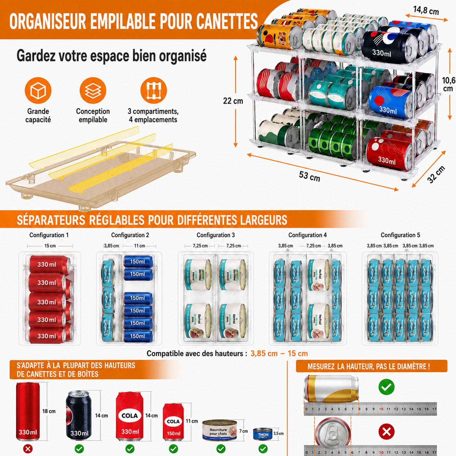 Organisateur de Canettes & Boîtes de Conserve pour Garde-Manger – Distributeur 3 Niveaux Empilable pour Placard Cuisine & Frigo – Rangement Ajustable pour Conserves, Sodas & Pâtée Chat