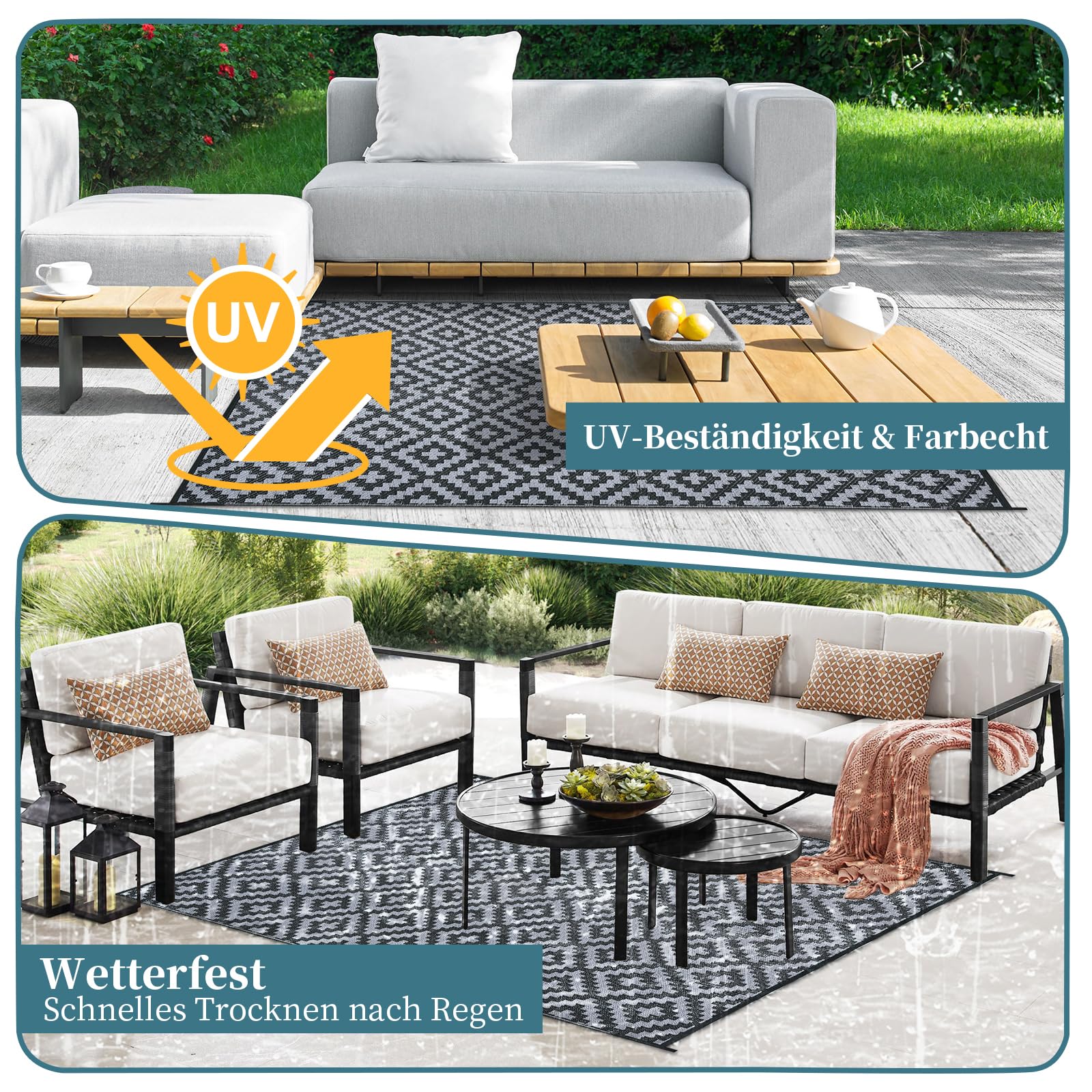 Alishomtll Tappeto per esterni, 180 x 275 cm, resistente alle intemperie, in polipropilene, impermeabile, per terrazze, giardino, balcone, reversibile, resistente ai raggi UV, per barbecue, picnic