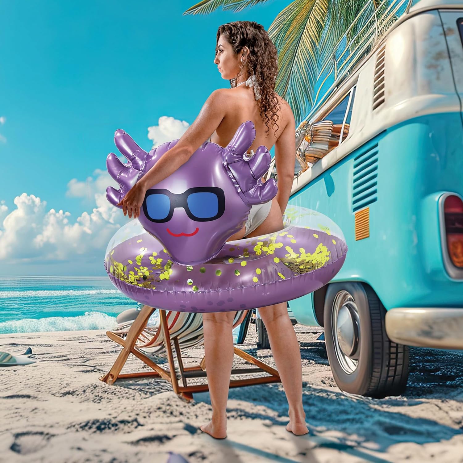 POZA Inflatable Axolotl Pool Float Tube - Sparkly Confetti-Filled Swim Lounger Float, UV-Resistant Vinyl for Beach or Lake, Animal Swim Ring for Kids and Adults