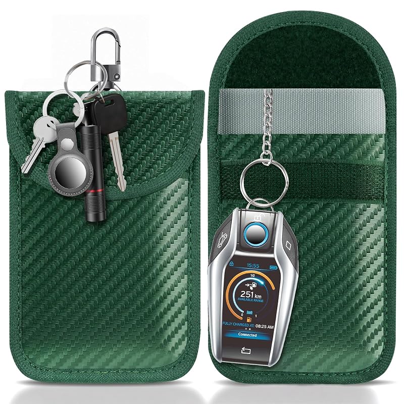 Bolsa Faraday para Chave Automotiva com Bloqueio de Sinais RFID, Fibra de Carbono, Verde, Tamanho M, Kit com 2