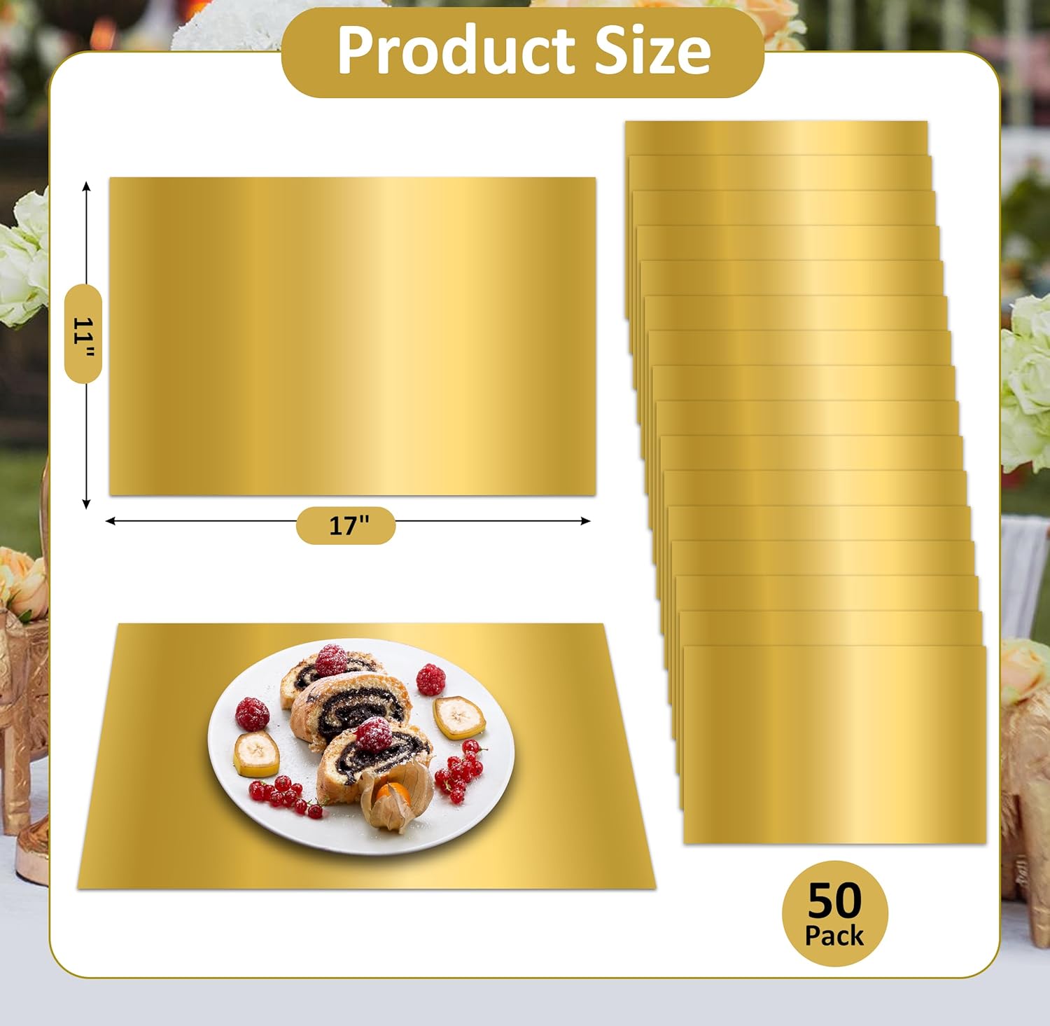 Disposable Gold Rectangle Paper Placemats 50 Pack Metallic Charger Place Mats for Birthday Wedding Home Dinner Party Table Settings Decor