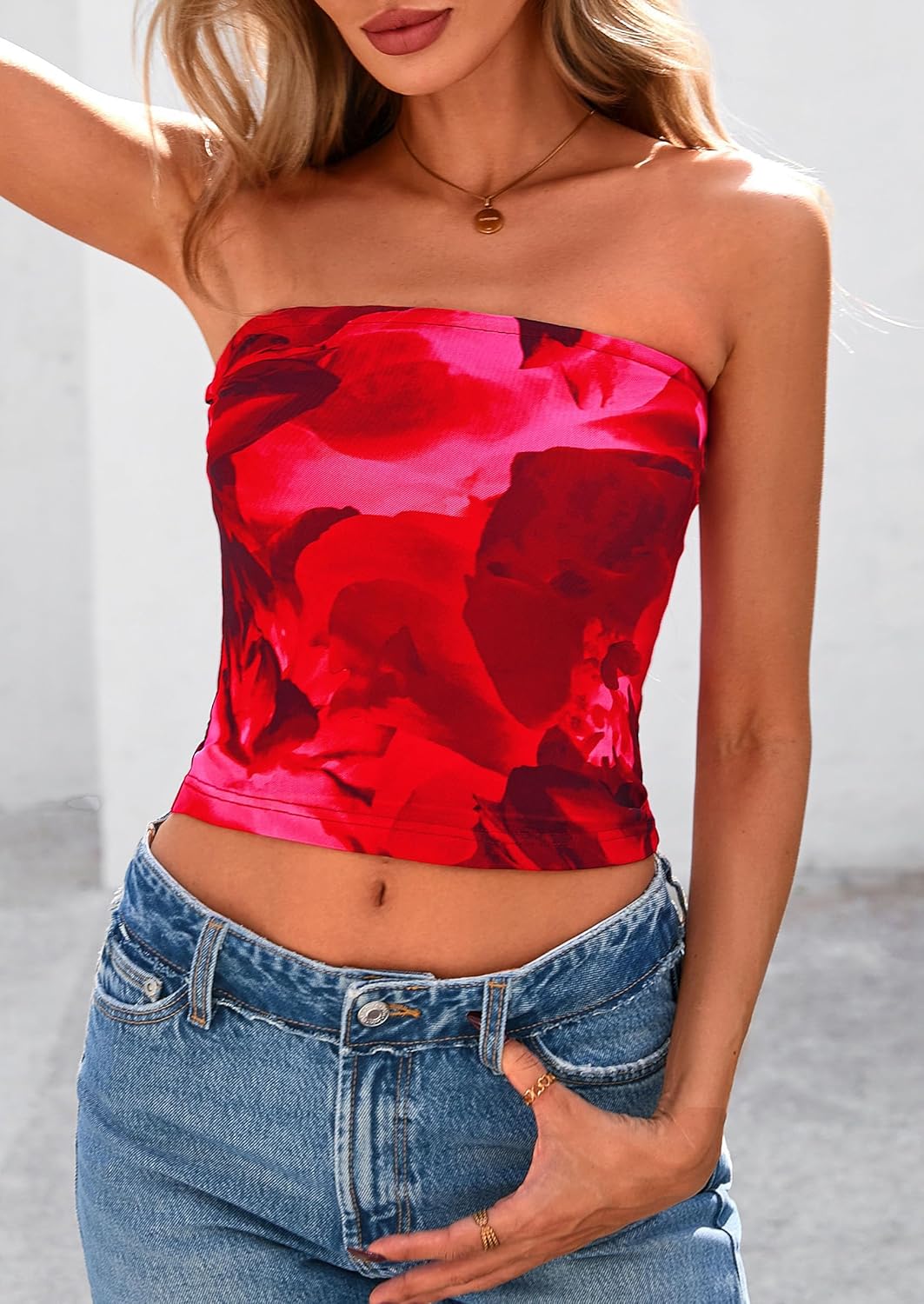 PRETTYGARDEN Women's Mesh Floral Strapless Bandeau Crop Top - Image 6