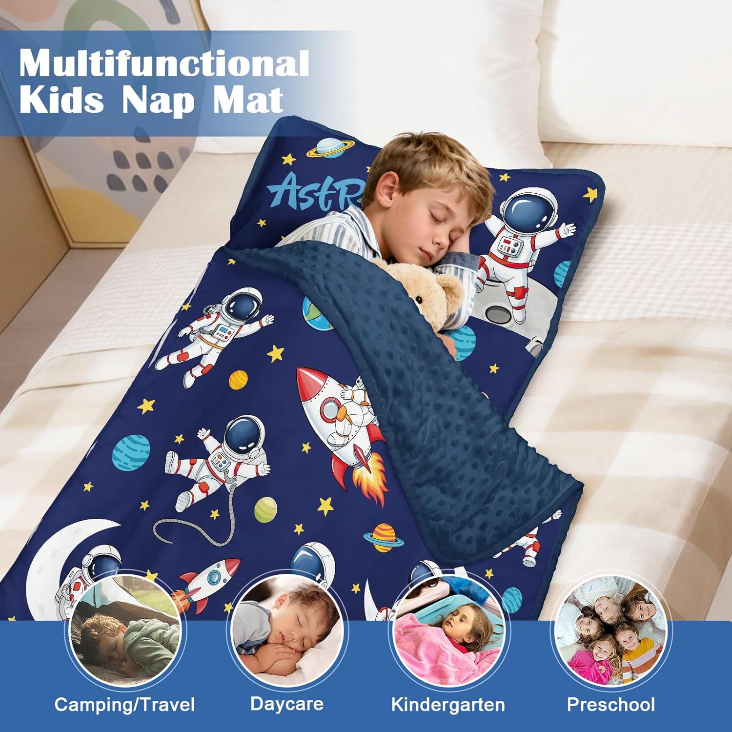 Kids Nap Mat Portable Slumber Bags with Removable Pillow and Blanket for Girls Boys, 59''×31.5'' Lightweight Large Kids Sleeping Bag for Preschool Nursery Daycare