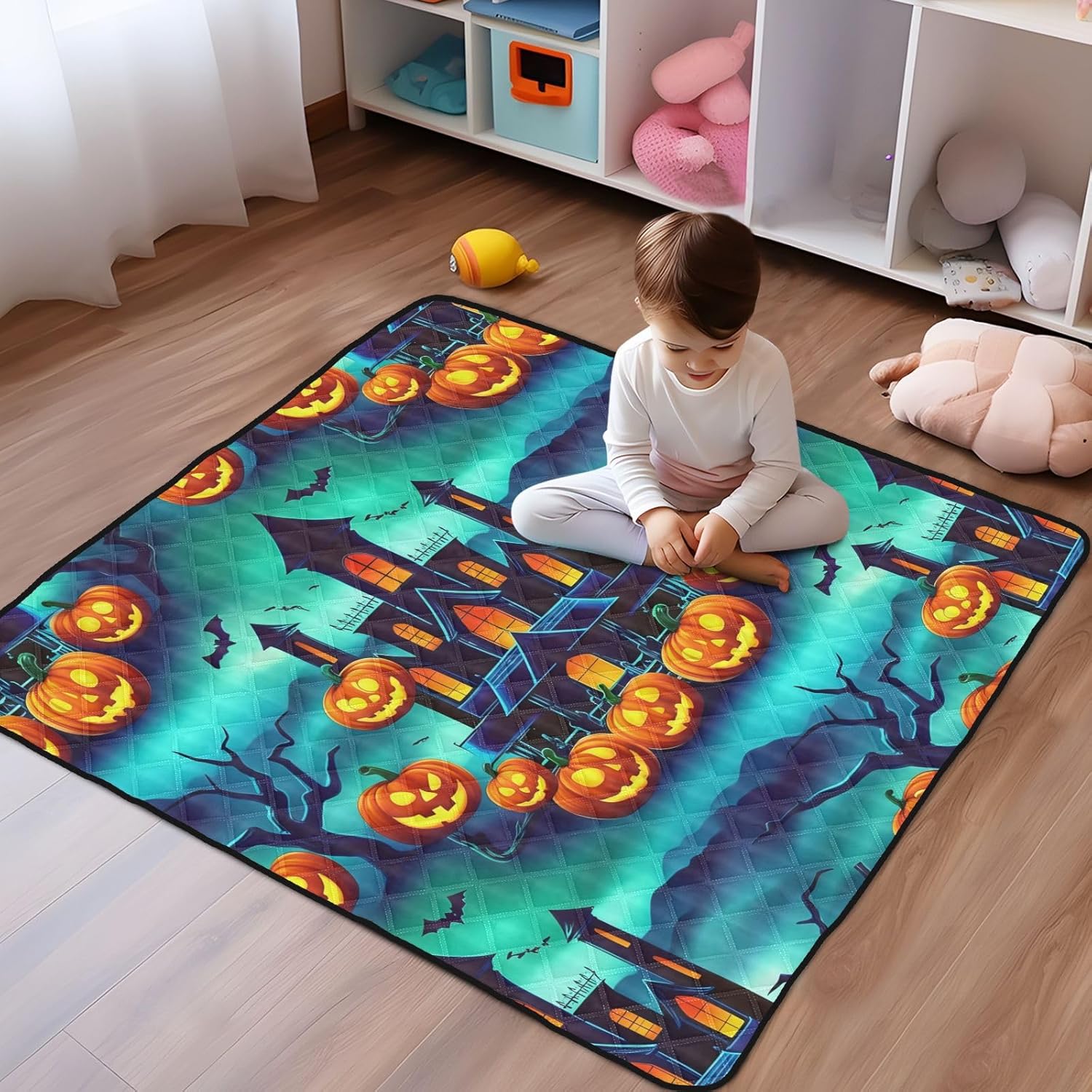 Halloween Castle and Pumpkin Baby Play Mat, 50“ X 50” Washable Folding Crawling Mat, Baby Floor Mat, Soft, Non-Slip
