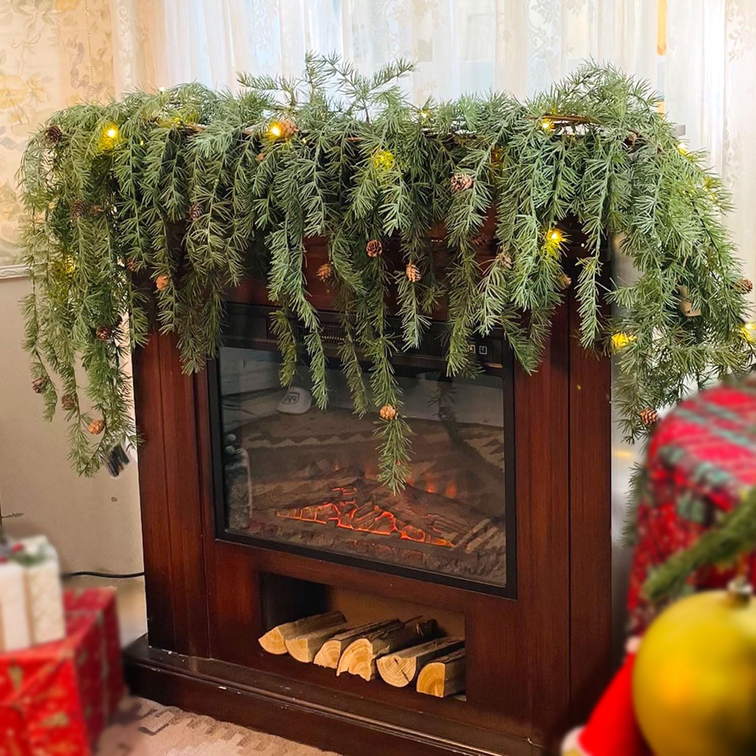 6FT Christmas Garland, Sagging Pine Needle and Pine Cones Garland with Lights String, Green