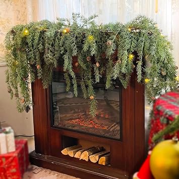 6FT Christmas Garland, Sagging Pine Needle and Pine Cones Garland with Lights String, Green