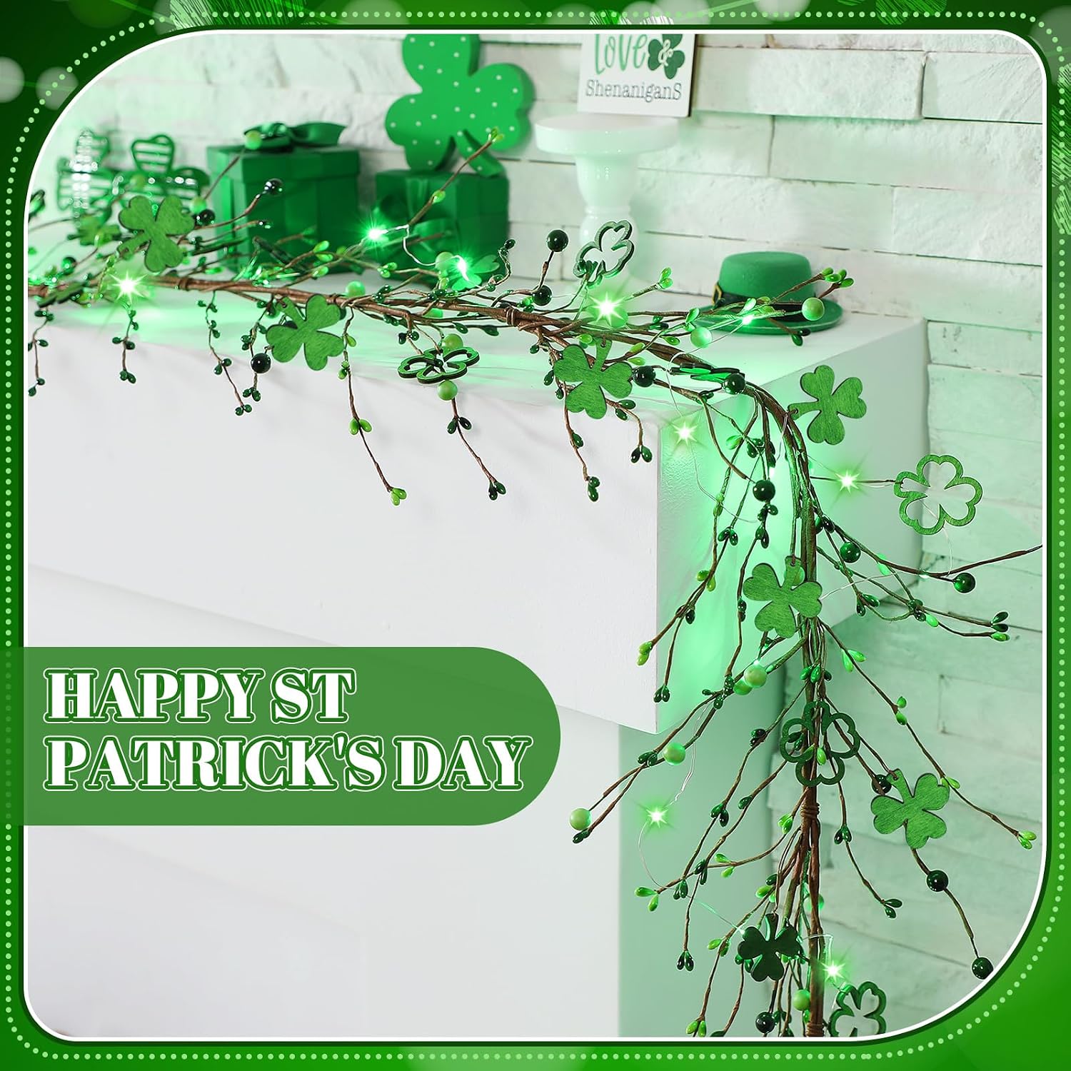 Thiccywoov 9.84 ft St Patrick's Day Garland with Lights Shamrock Lights Irish Decorative Green Clover Berry Garland Decorations for St Patrick's Day Home Mantel Table Wall Party Decor