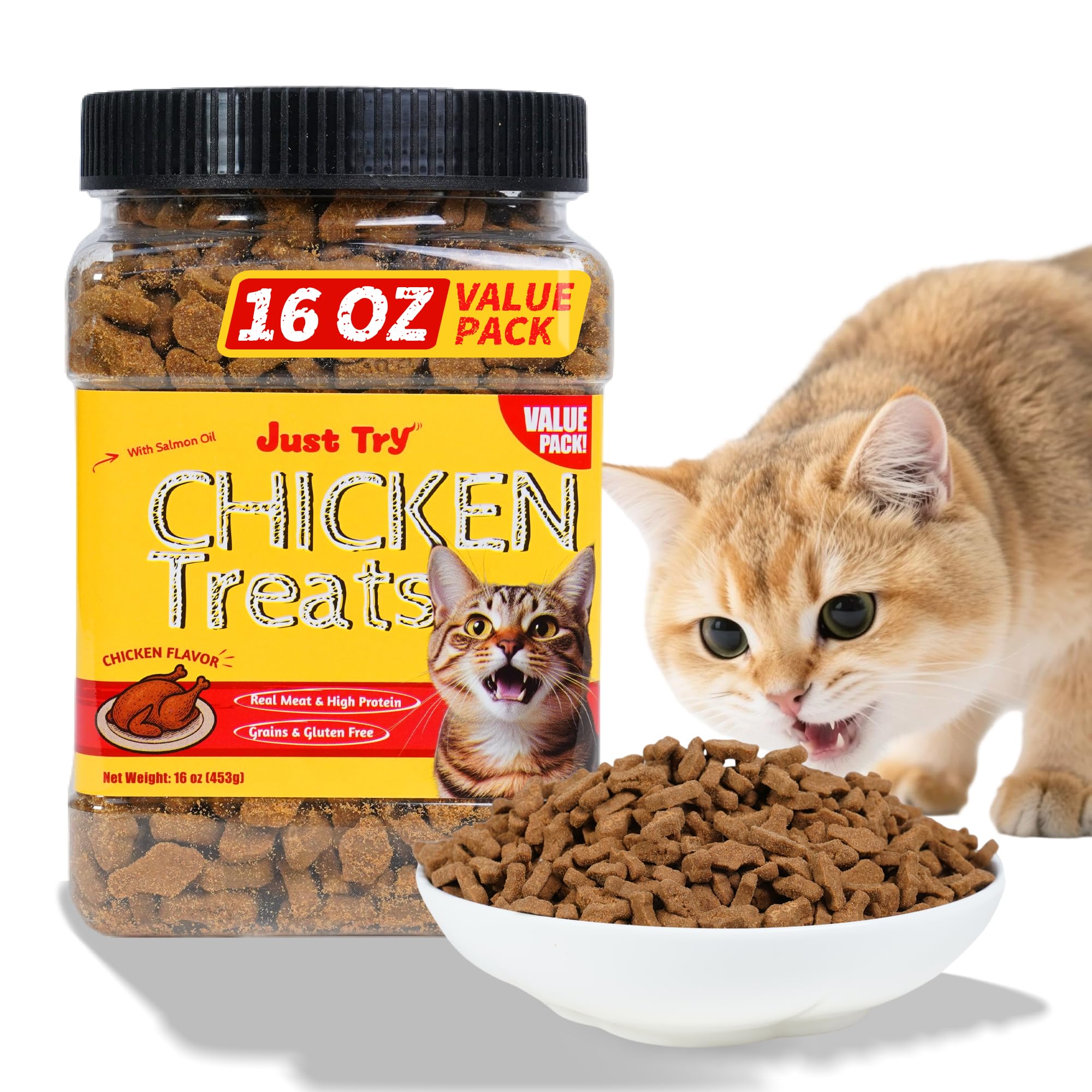 Just Try 16 OZ Chicken Cat Treats with Taurine for Indoor Cats, High Protein Low-Calorie Cat Snacks, Healthy Crunchy Treats, Grain-Free Health Biscuit and Training Treats